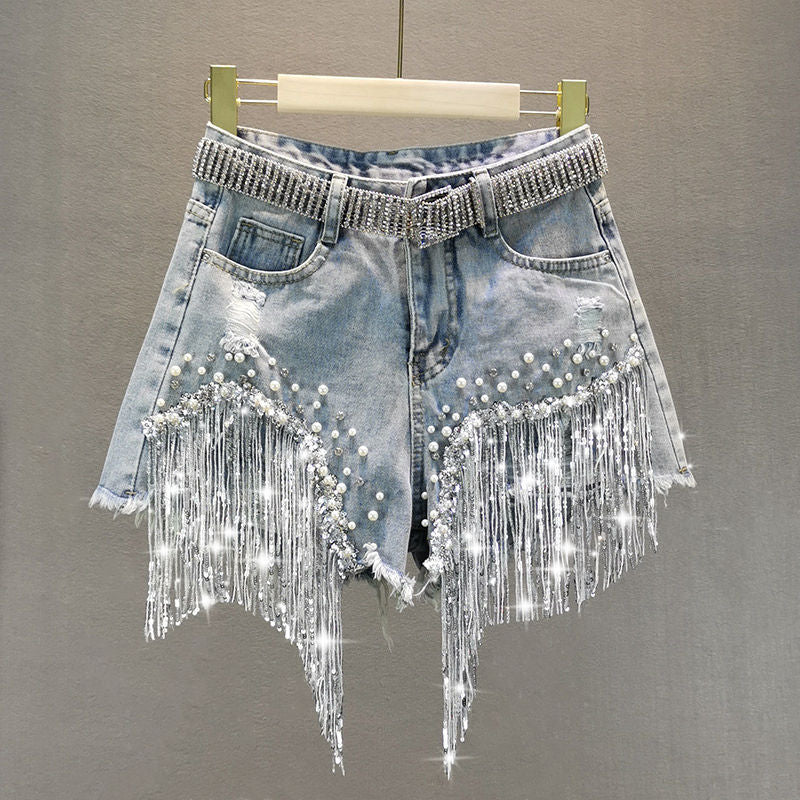 Tassel Beading Denim Shorts