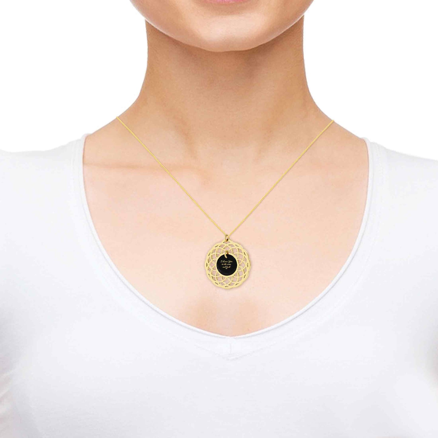 Gold Plated Silver I Love You To The Moon and Back Necklace Mandala Pendant 24k Gold Inscribed