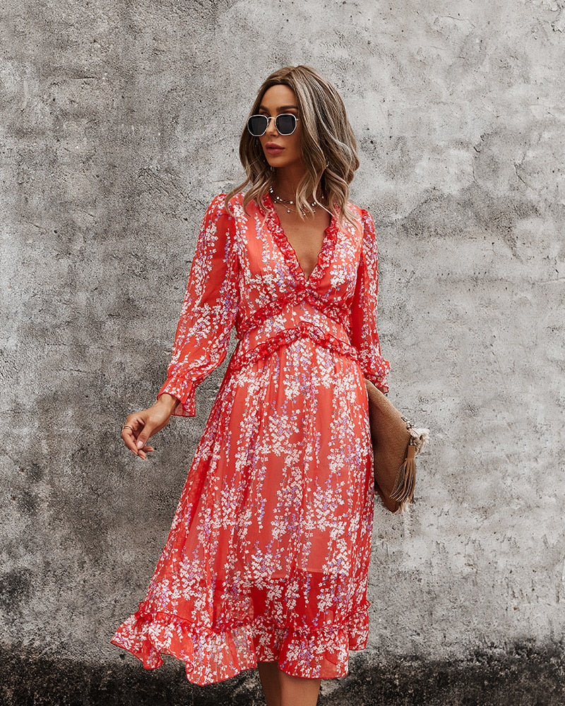 Chiffon Floral Long Sleeve Midi Dress