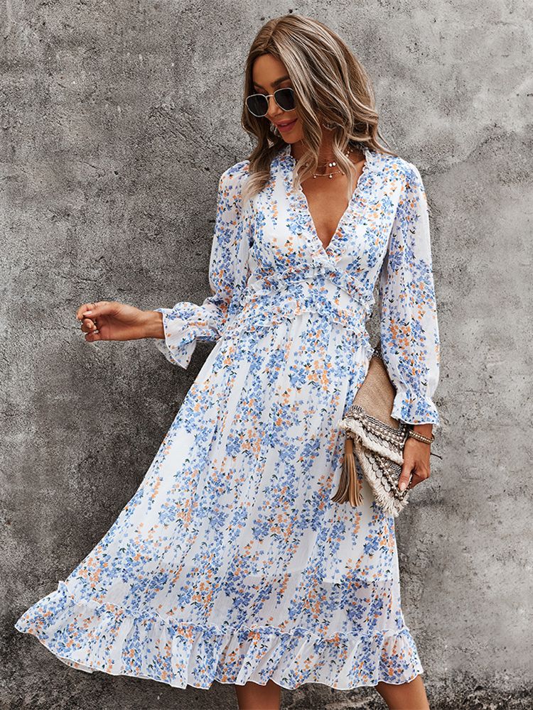 Chiffon Floral Long Sleeve Midi Dress