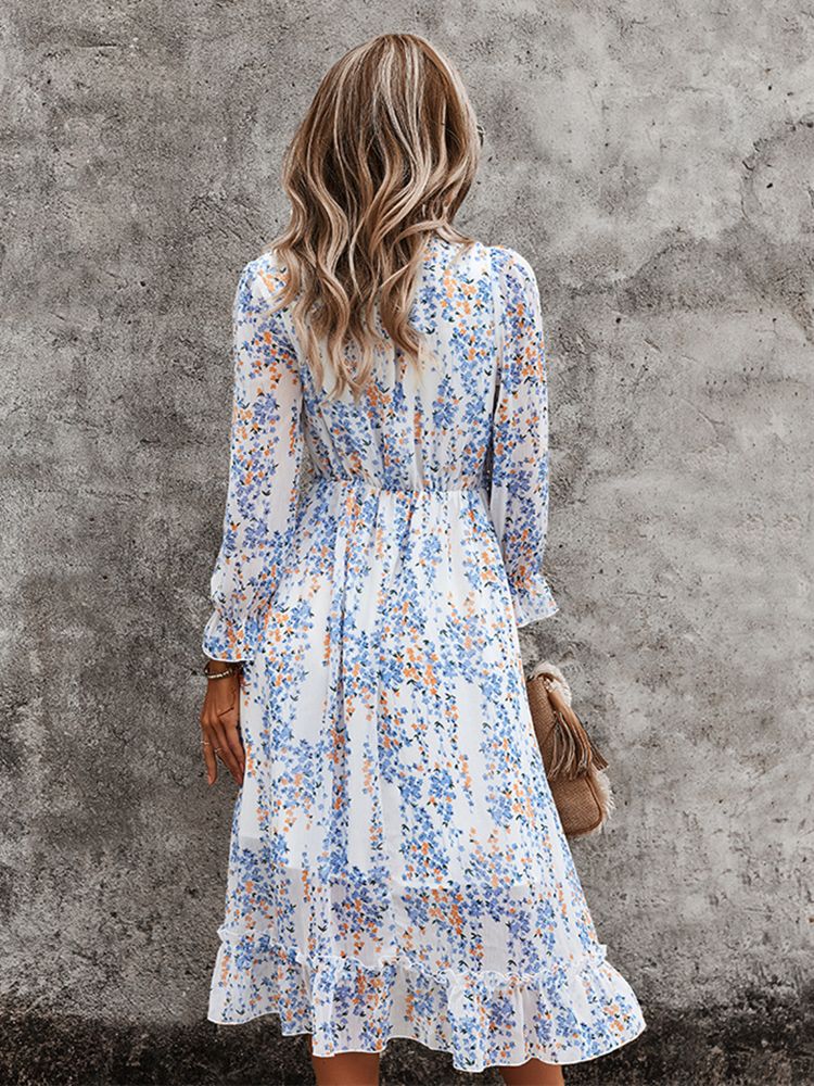 Chiffon Floral Long Sleeve Midi Dress