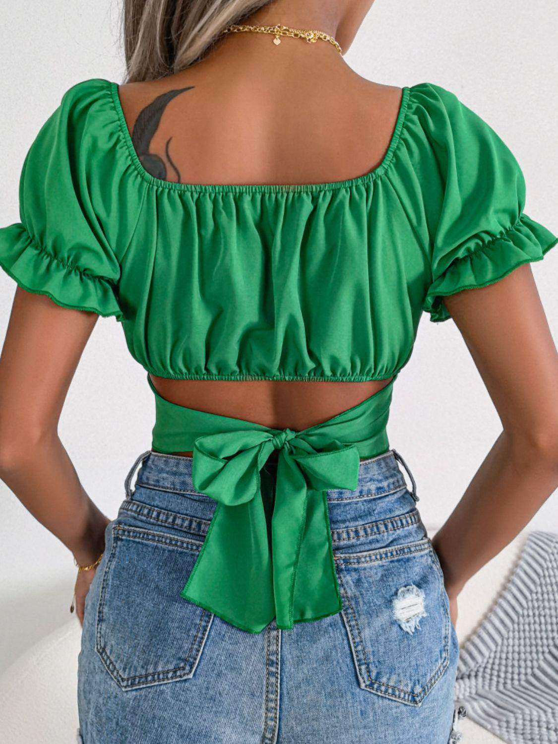 Tie-back Flounce Sleeve Blouse Crop