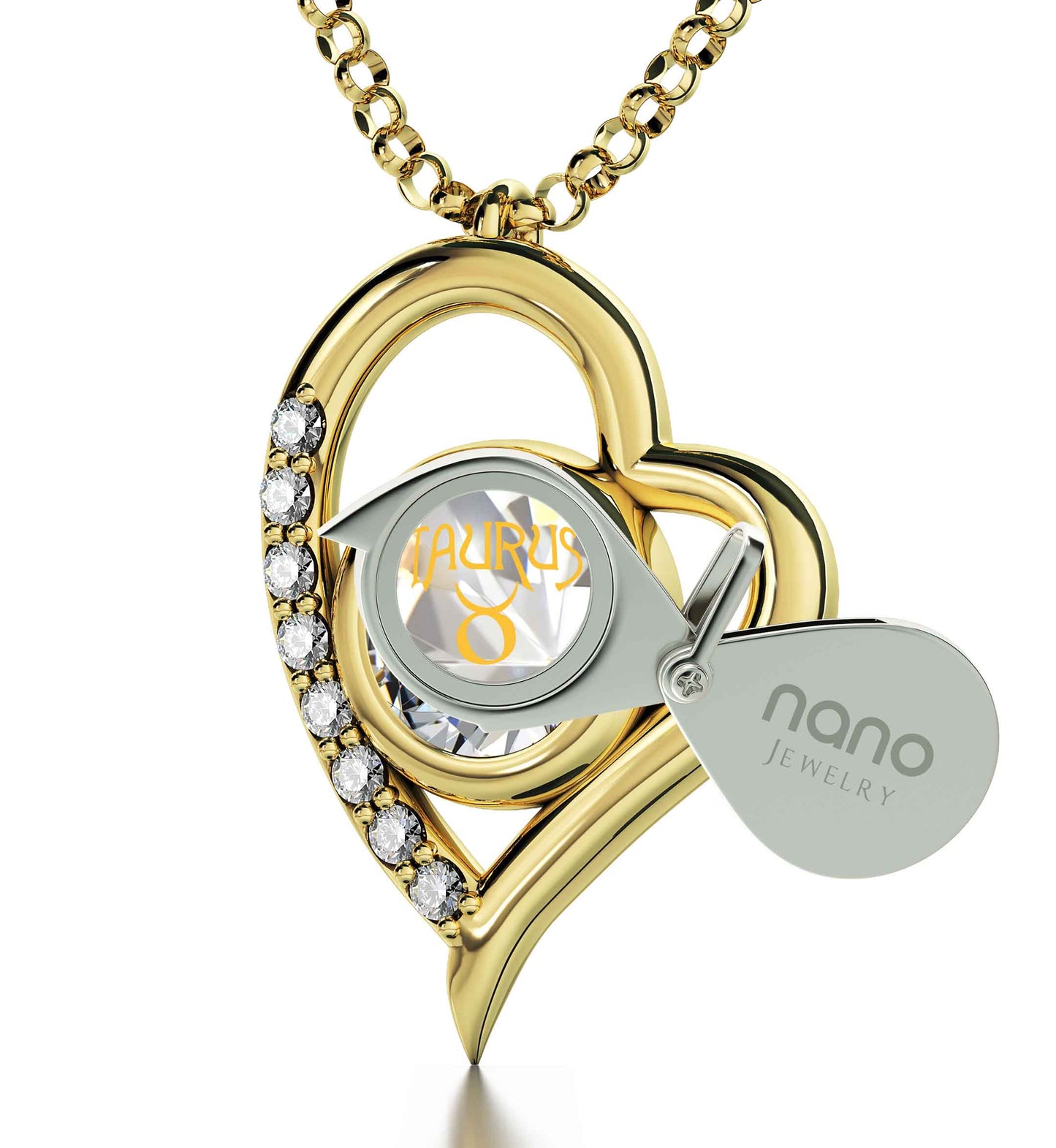 Gold Plated Silver Taurus Necklace Zodiac Heart Pendant 24k Gold Inscribed on Crystal