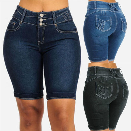 Knee Length Stretch Jean Shorts