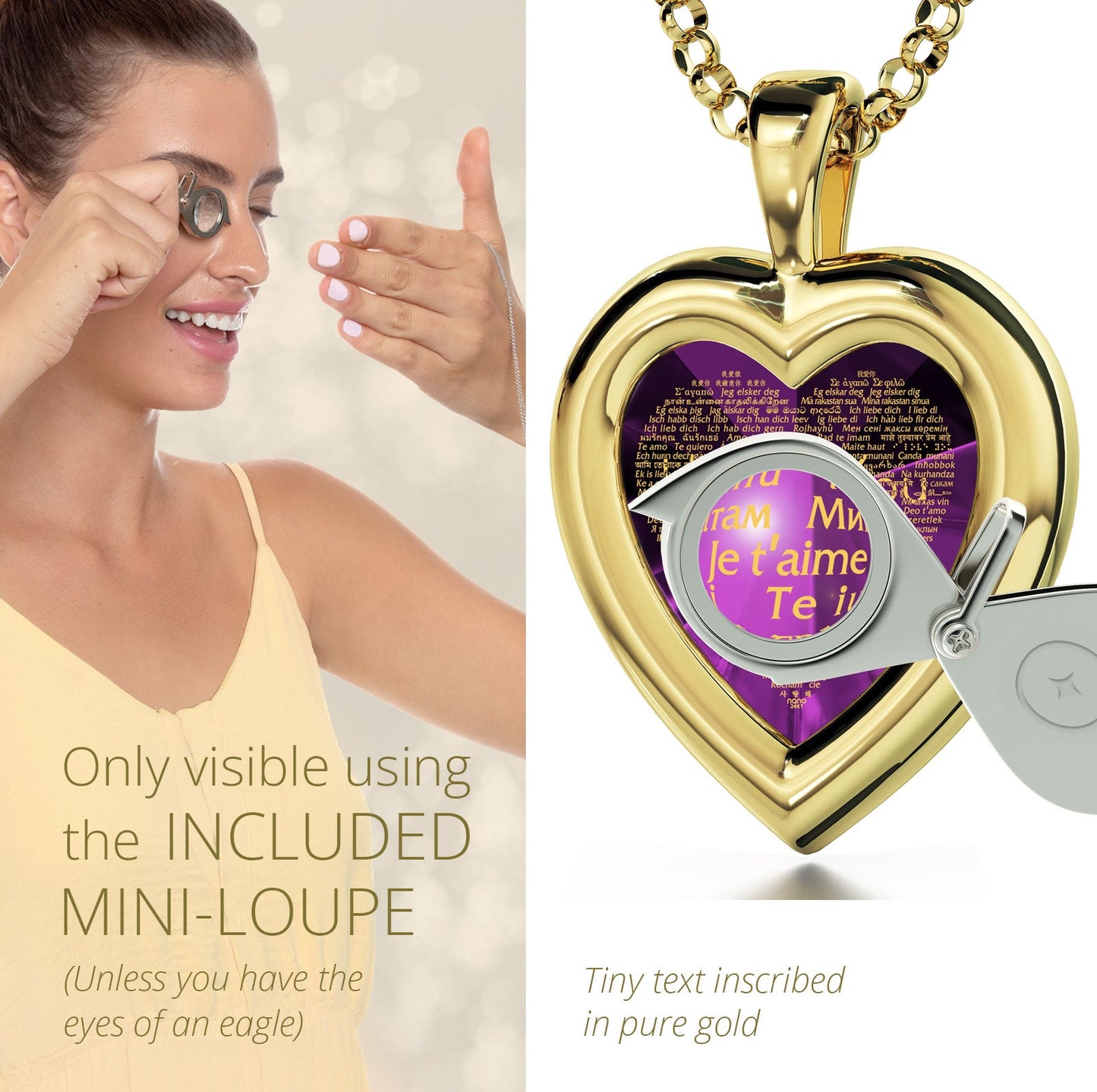 Gold Plated Silver Heart Pendant I Love You Necklace 120 Languages 24k Gold Inscribed