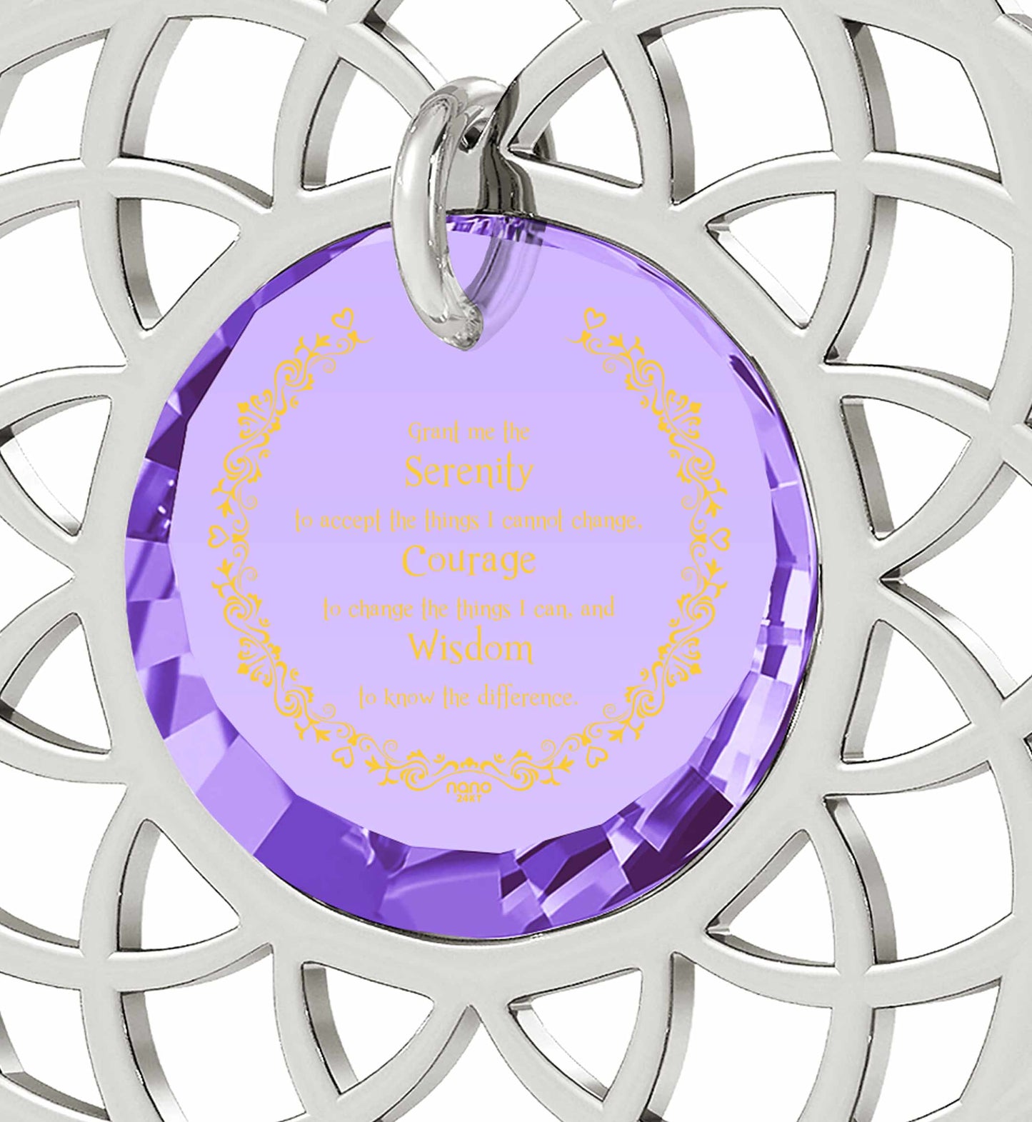 Silver Serenity Prayer Necklace Mandala Pendant Inscribed in 24k Gold