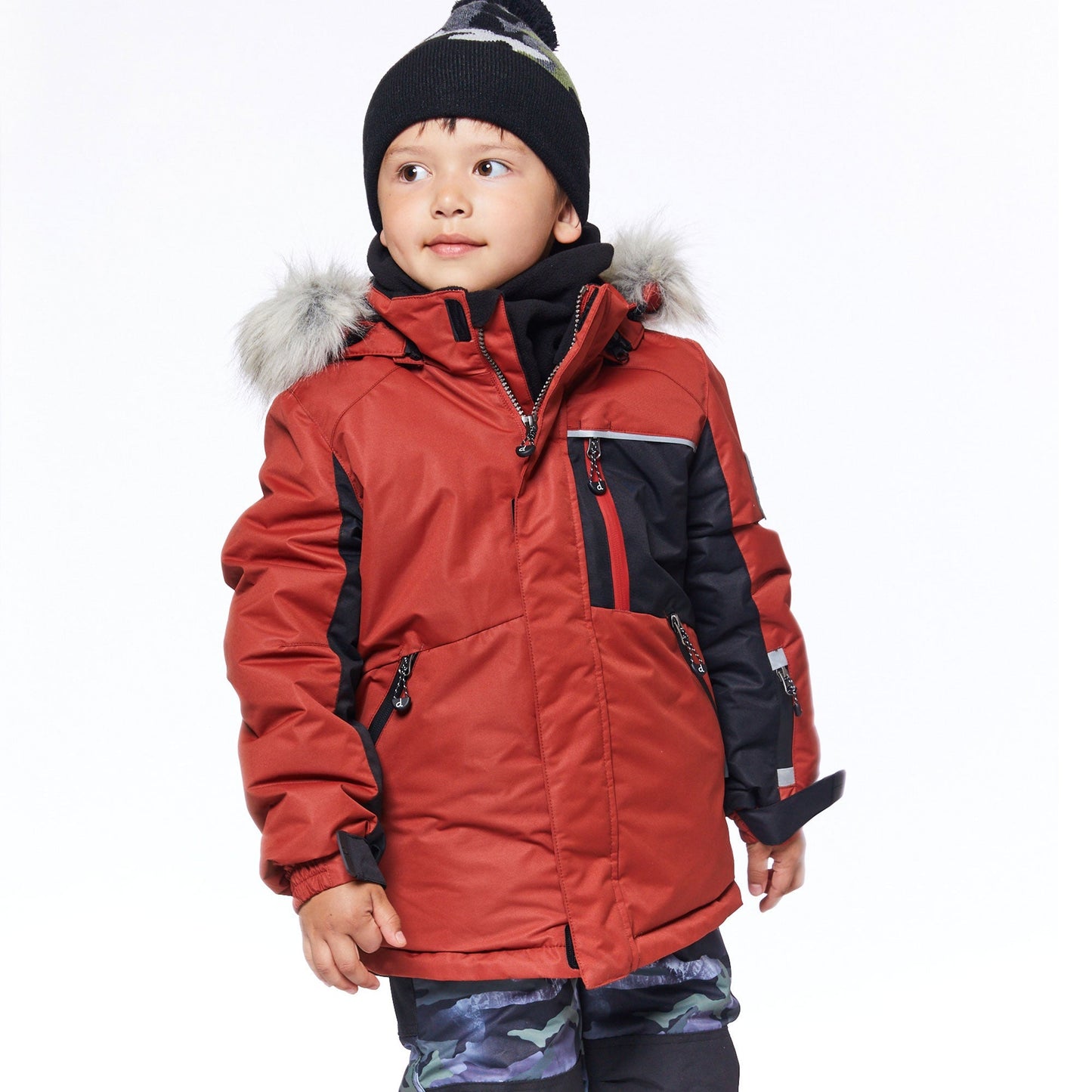 He'll look oh-so-cool and feel oh-so-warm when he's playing outdoors in our Two Piece Snowsuit Red and Khaki With Printed Camo.