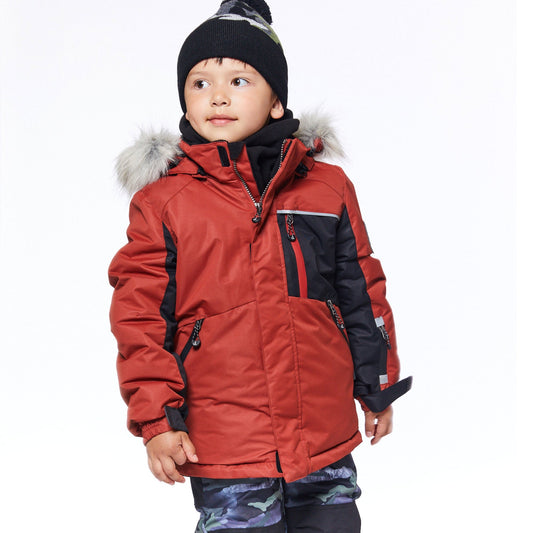 He'll look oh-so-cool and feel oh-so-warm when he's playing outdoors in our Two Piece Snowsuit Red and Khaki With Printed Camo.