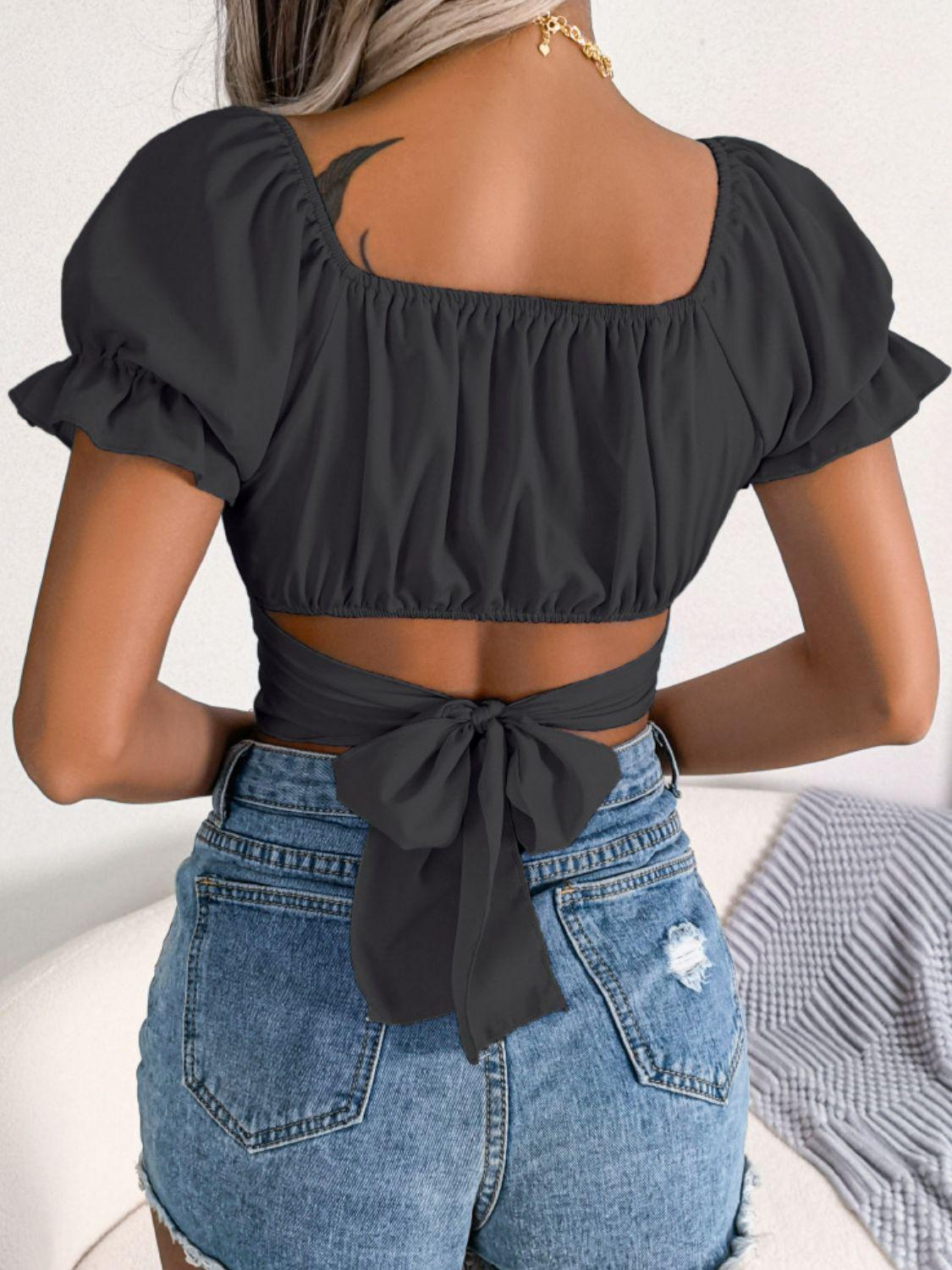 Tie-back Flounce Sleeve Blouse Crop