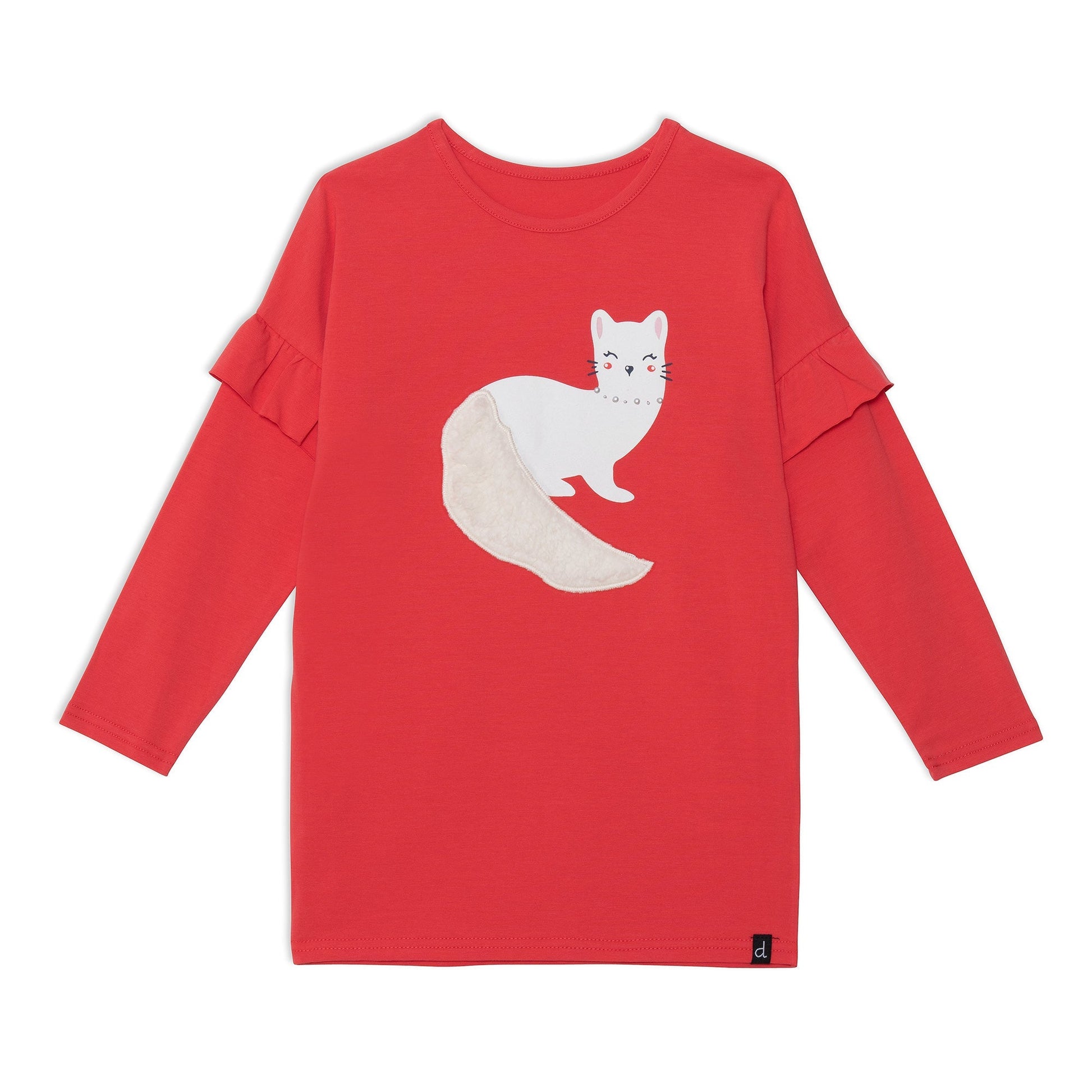 Ruffled sleeves lend playful charm to our Long Sleeve Tunic With Red Frill. This long sleeve top is made from a soft cotton/elastane blend.  Features dropped shoulders, a round neckline, and an adorable weasel print and applique on the chest.