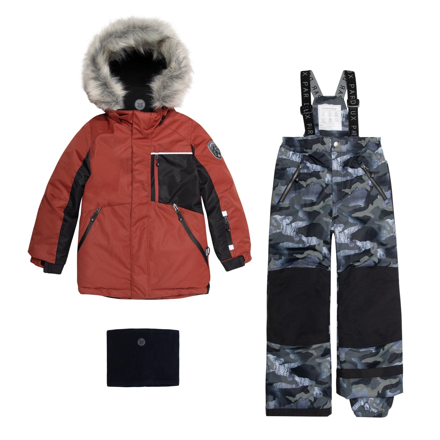 He'll look oh-so-cool and feel oh-so-warm when he's playing outdoors in our Two Piece Snowsuit Red and Khaki With Printed Camo.