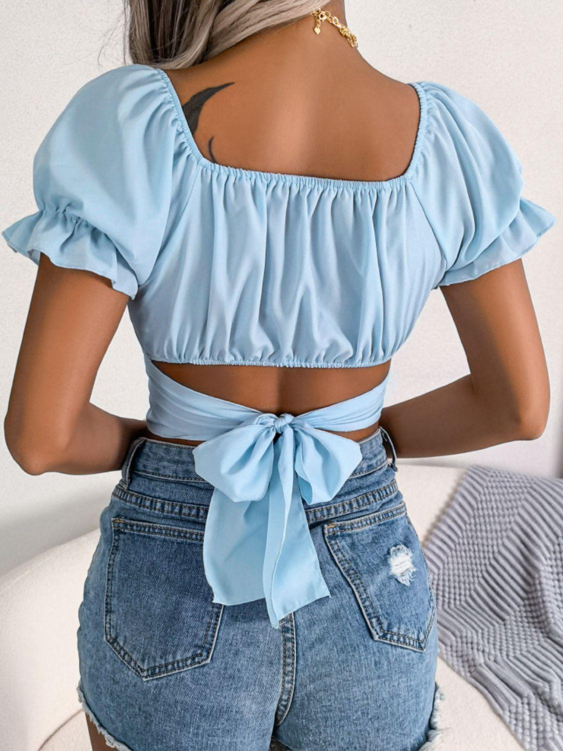 Tie-back Flounce Sleeve Blouse Crop