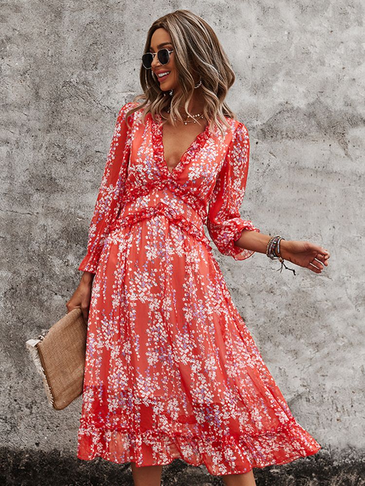 Chiffon Floral Long Sleeve Midi Dress