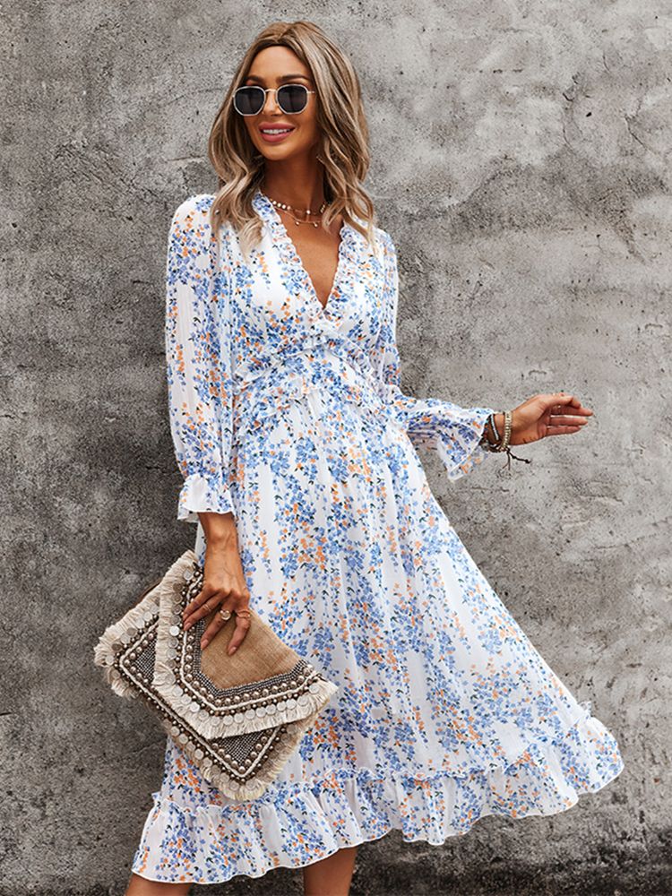 Chiffon Floral Long Sleeve Midi Dress