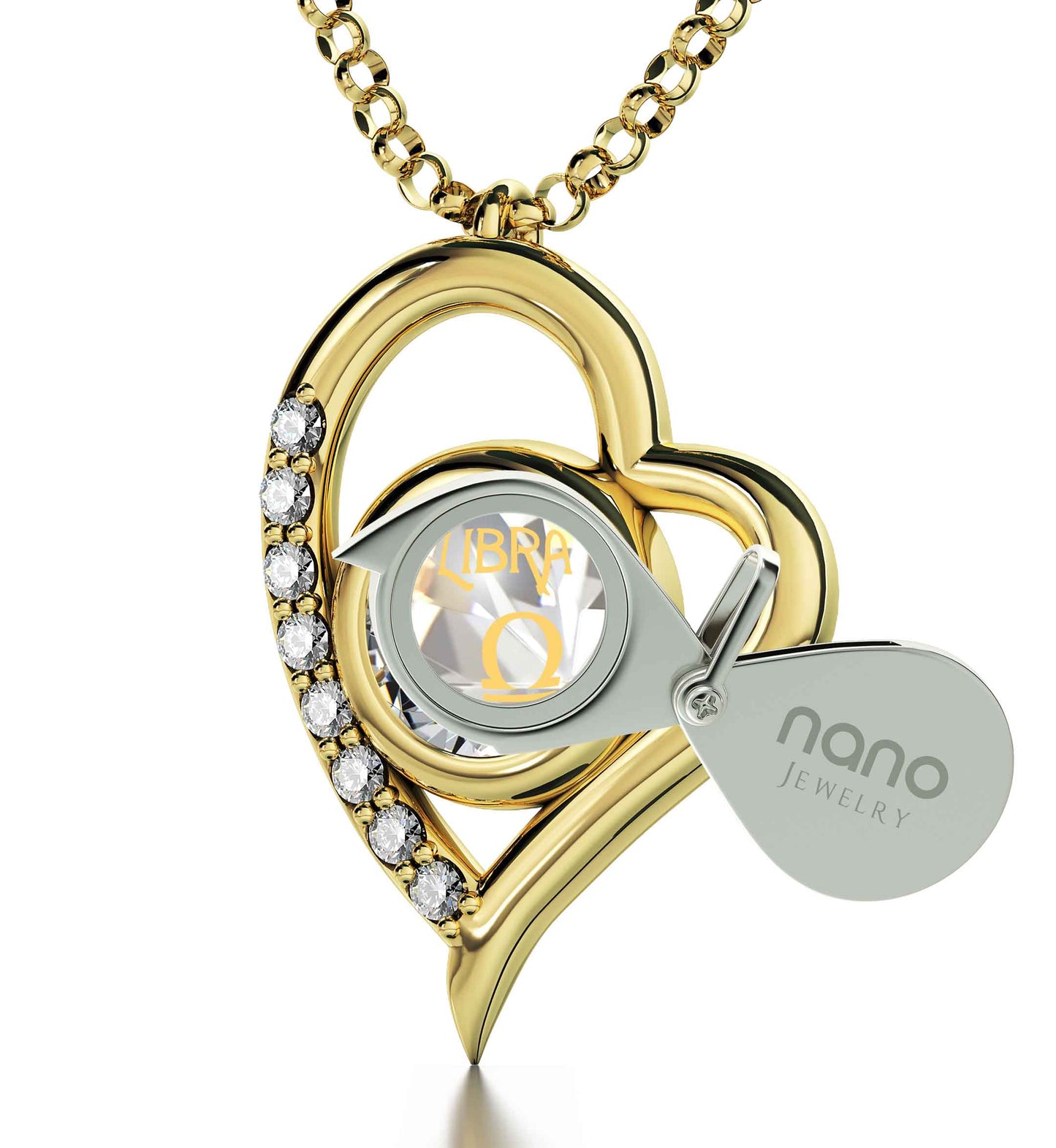 Gold Plated Silver Libra Necklace Zodiac Heart Pendant 24k Gold Inscribed on Crystal