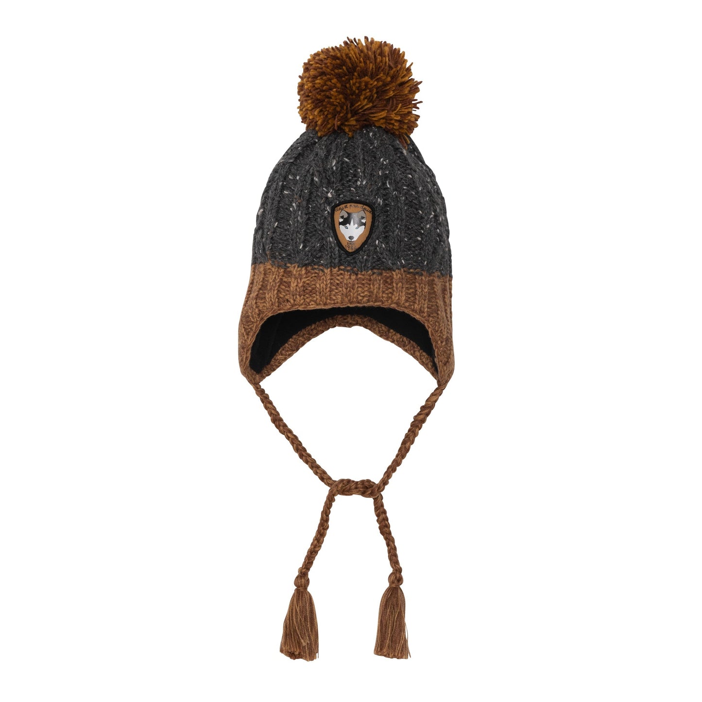 Marled yarn with contrast flecks adds contemporary style to our Earflap Knit Hat Grey and Yellow.  This winter hat is made from an acrylic/poly/wool blend and features braided tassel ties, rib knit trim, a logo patch, and a fluffy pompom on top.