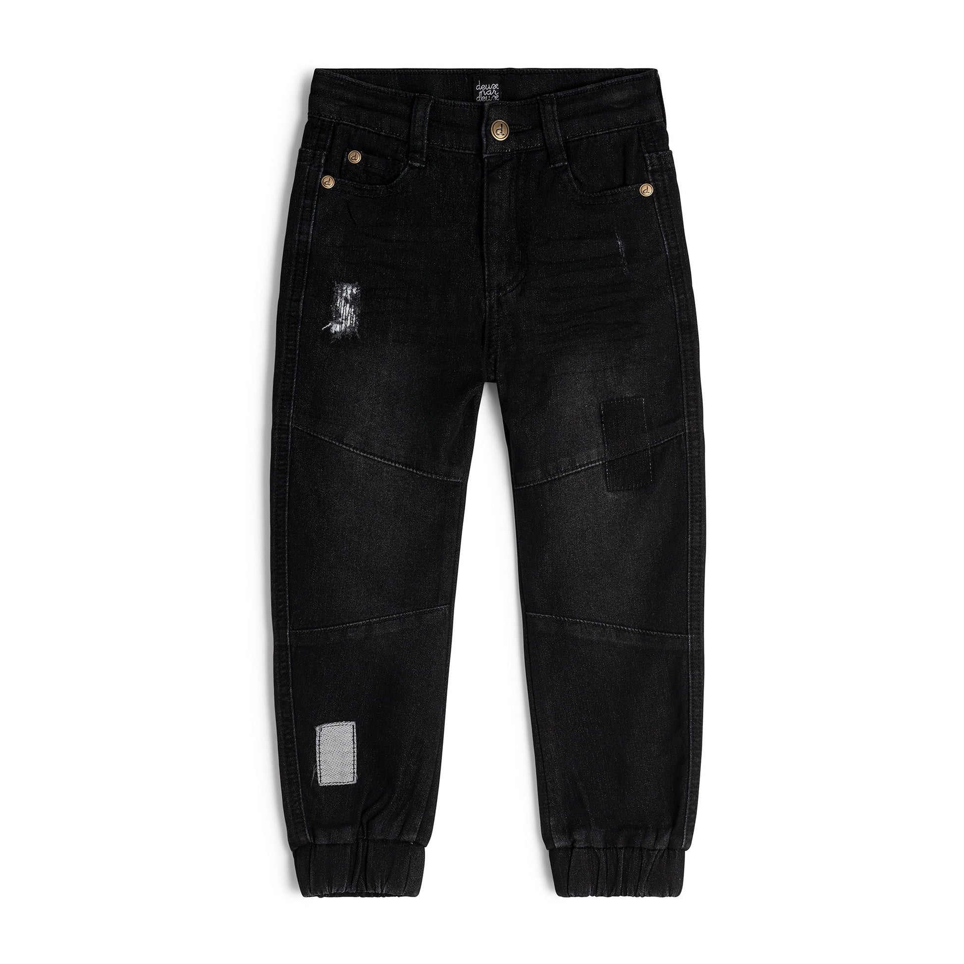 Distressed details lend contemporary style to our French Terry Denim Jogger Black Textured. In a knit cotton/poly/elastane blend.  This comfortable stretch jean features elastic ankles, seamed knees, and front and back pockets.