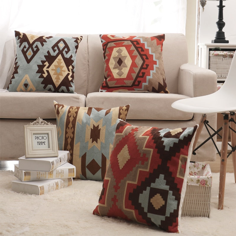 Bring new life to your old throw pillows with any one or more of our colorful Geometric Patterned Embroidered Throw Pillow Covers.