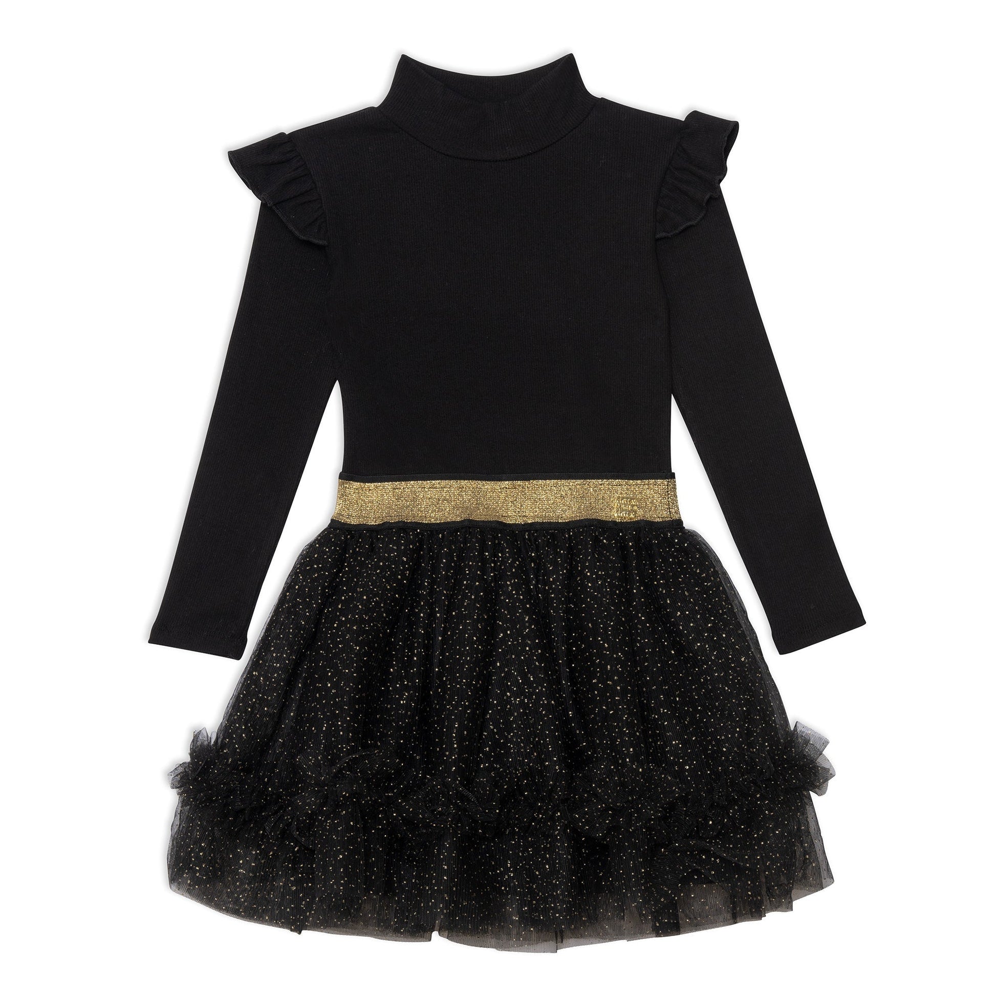 Our Gold Sparkle Dress With Black Frill is perfect for any little fashionista in the making.  This adorable party dress features a solid cotton bodice with long sleeves, ruffled shoulders, and a high neckline. The flared mesh skirt boasts a metallic elastic waistband, an allover glitter print, and ruffles near the hem.