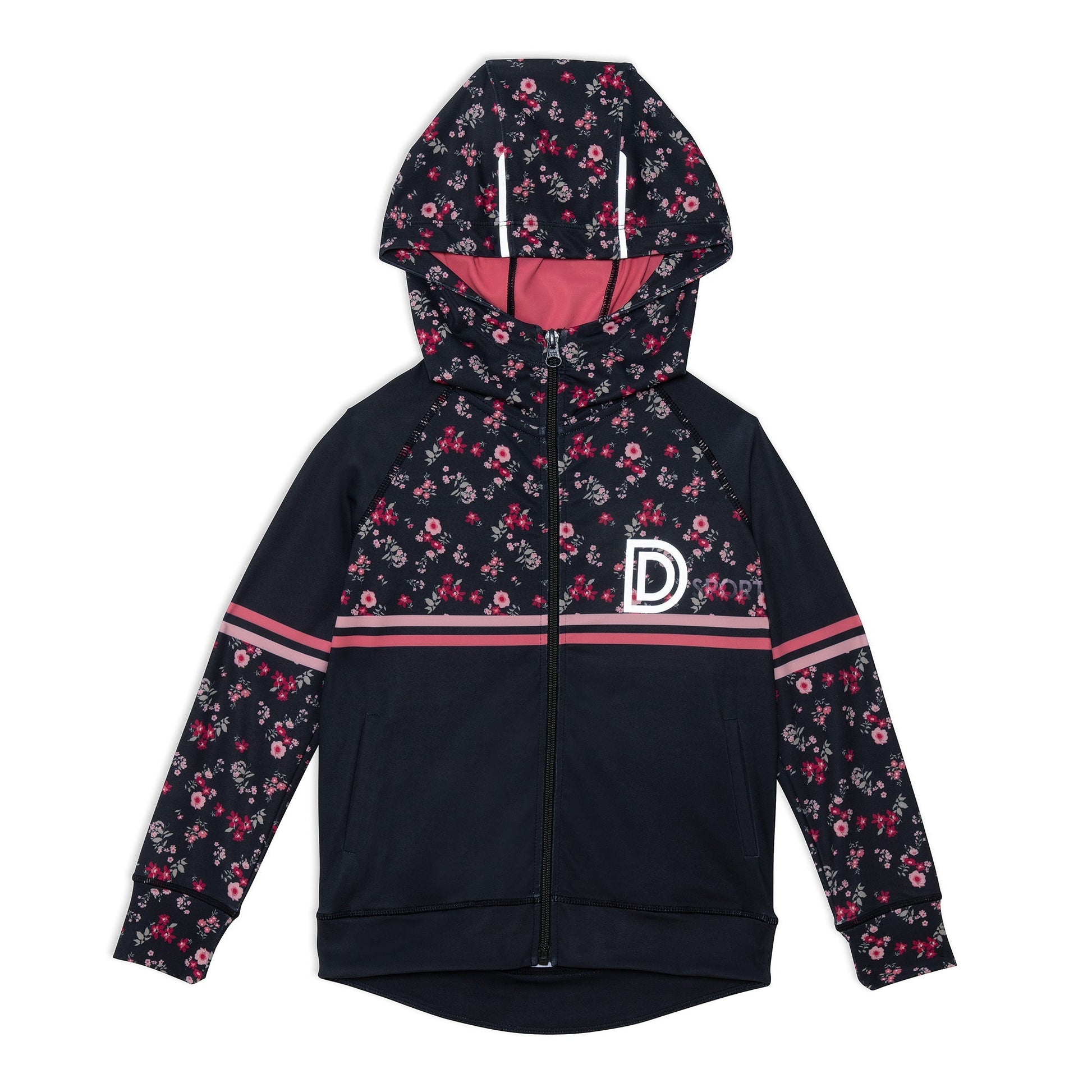 With floral print panels, this zip front jacket is equal parts sporty and sweet. Our Hooded Athletic Vest With Printed Flowers is made from stretch poly/elastane.  Features half-printed raglan sleeves, a printed hood, horizontal stripes across the chest and sleeves, and a logo print on the left chest.