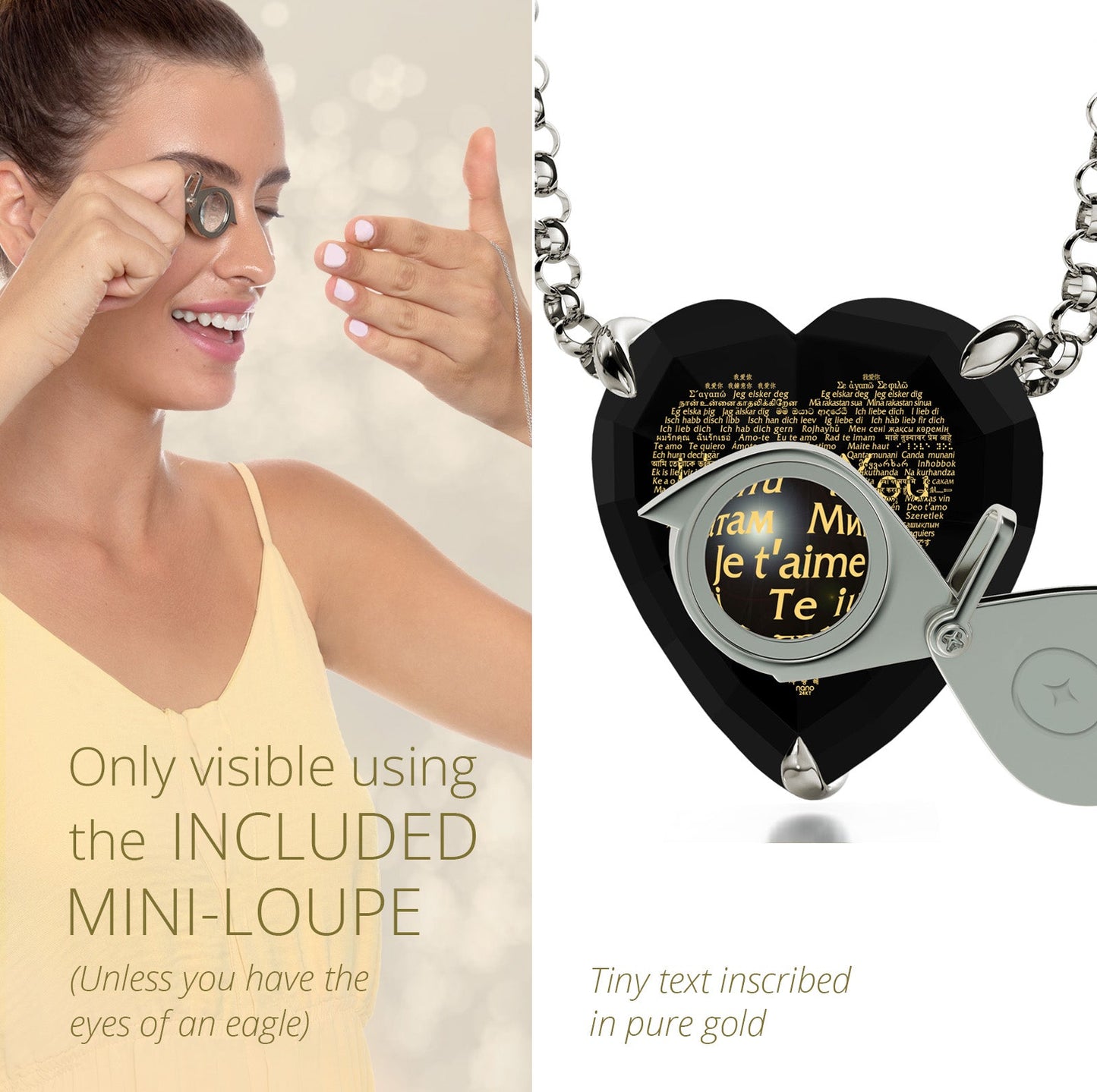 I Love You Heart Necklace Swarovski Earrings Set. Say "I love you" in 24K Gold in 120 different languages. Swarovski heart earrings. Mini Loupe included.