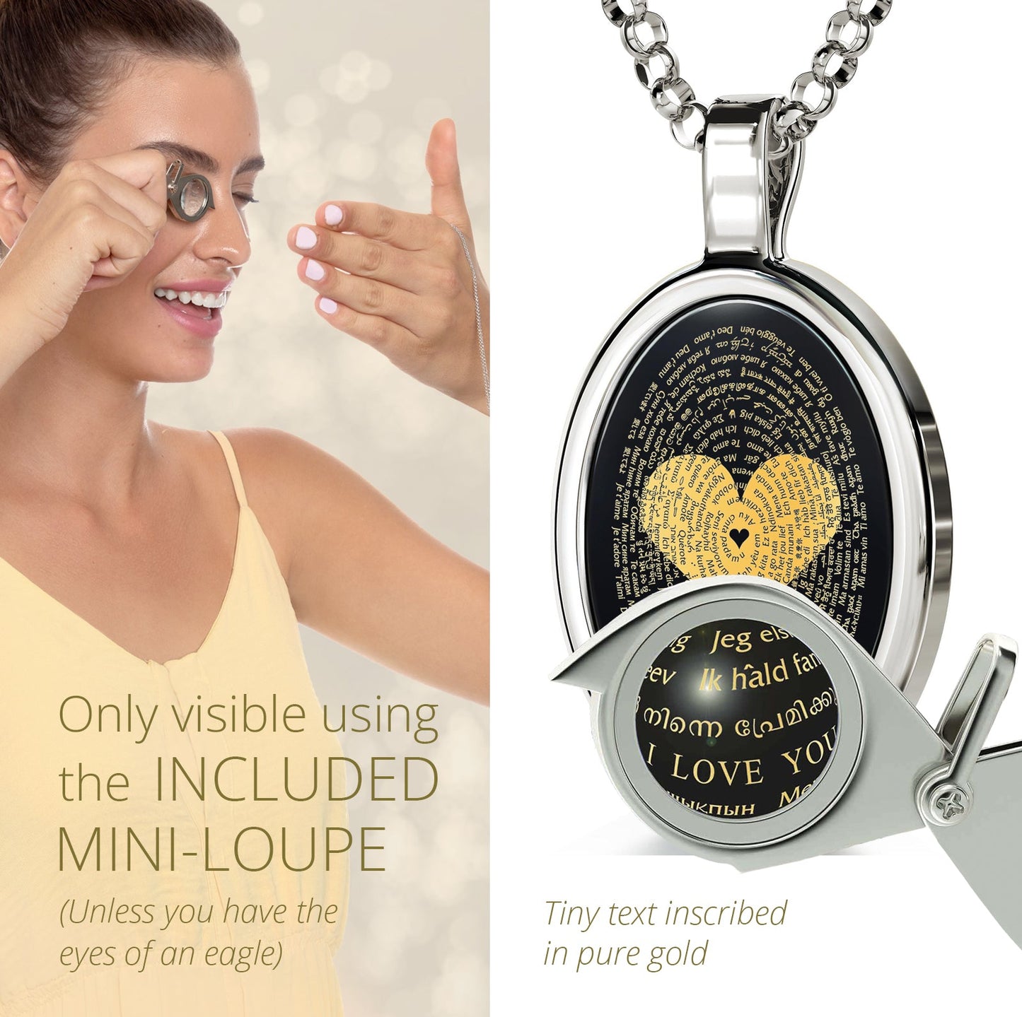 I Love You Oval Onyx Necklace Swarovski Earrings Set. Say, "I love you" in 24K gold in 120 languages. Swarovski heart earrings. Mini Loupe included.