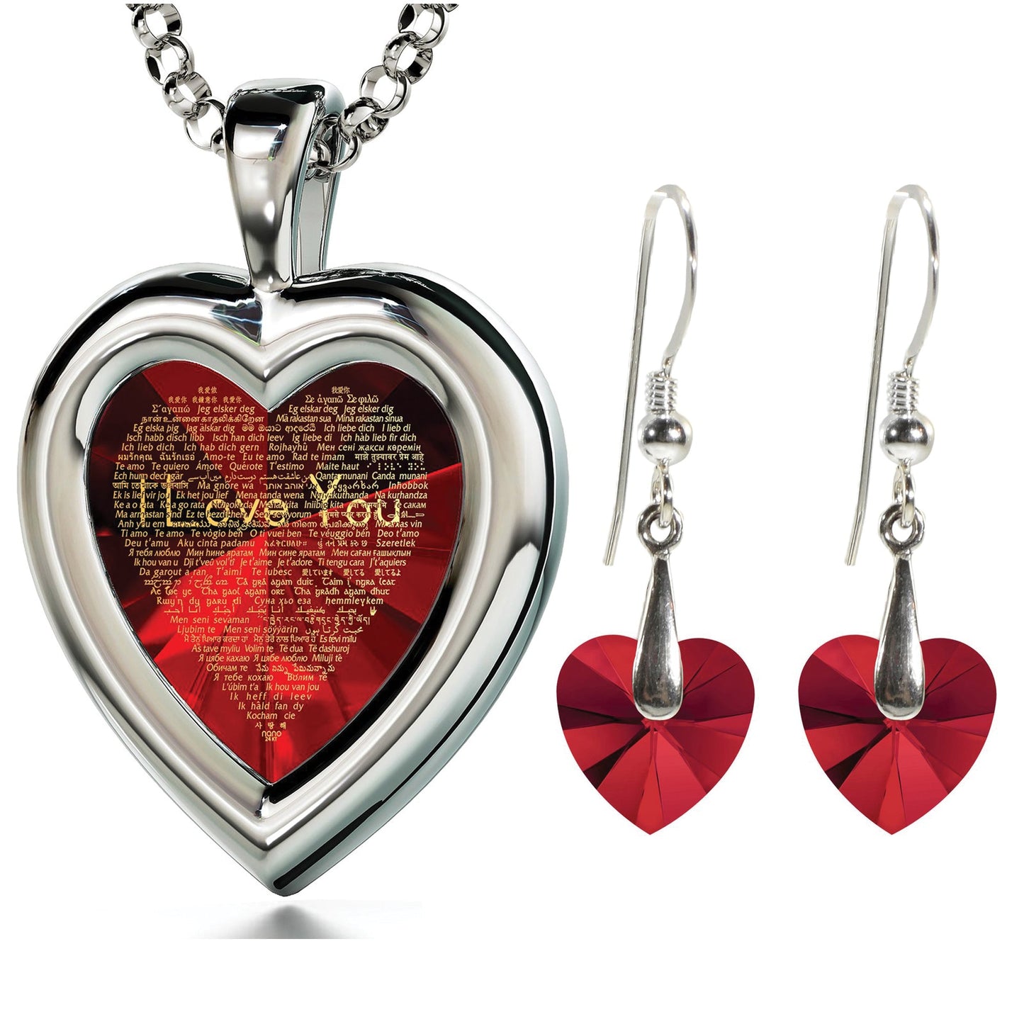 I Love You Silver Heart Necklace Swarovski Earrings Set(120)