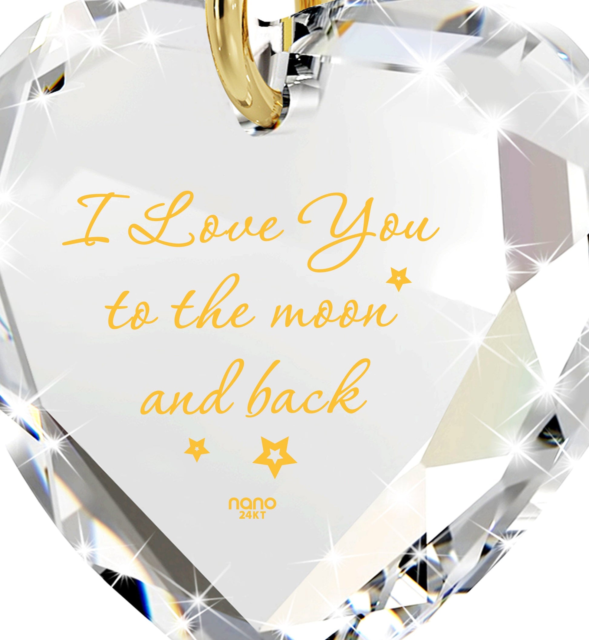 I Love You to the Moon and Back Tiny Heart Jewelry Set. Say, "I Love You to the Moon and Back" in 24k gold. Swarovski heart earrings. Mini loupe included in gift box.