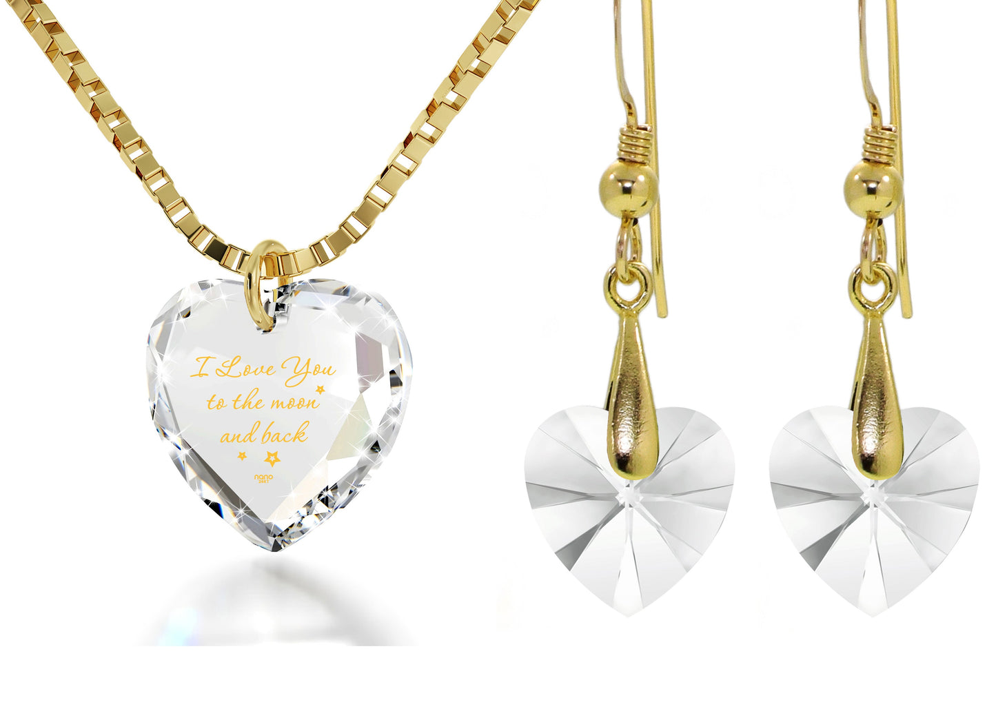 I Love You to the Moon and Back Tiny Heart Jewelry Set. Say, "I Love You to the Moon and Back" in 24k gold. Swarovski heart earrings. Mini loupe included in gift box.