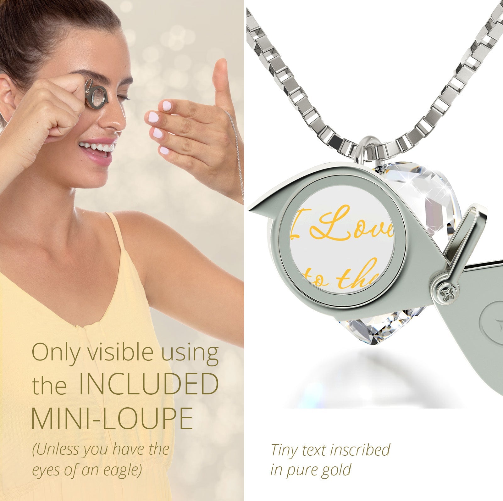 I Love You to the Moon and Back Tiny Heart Jewelry Set. Say, "I Love You to the Moon and Back" in 24k gold. Swarovski heart earrings. Mini loupe included in gift box.