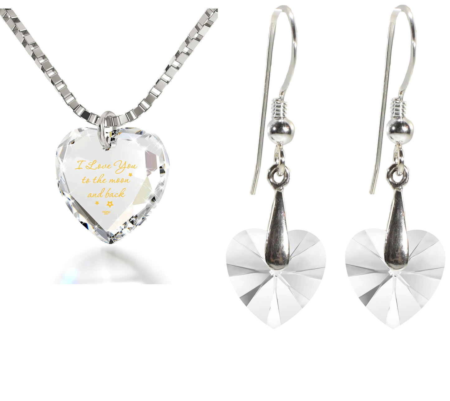 I Love You to the Moon and Back Tiny Heart Jewelry Set. Say, "I Love You to the Moon and Back" in 24k gold. Swarovski heart earrings. Mini loupe included in gift box.