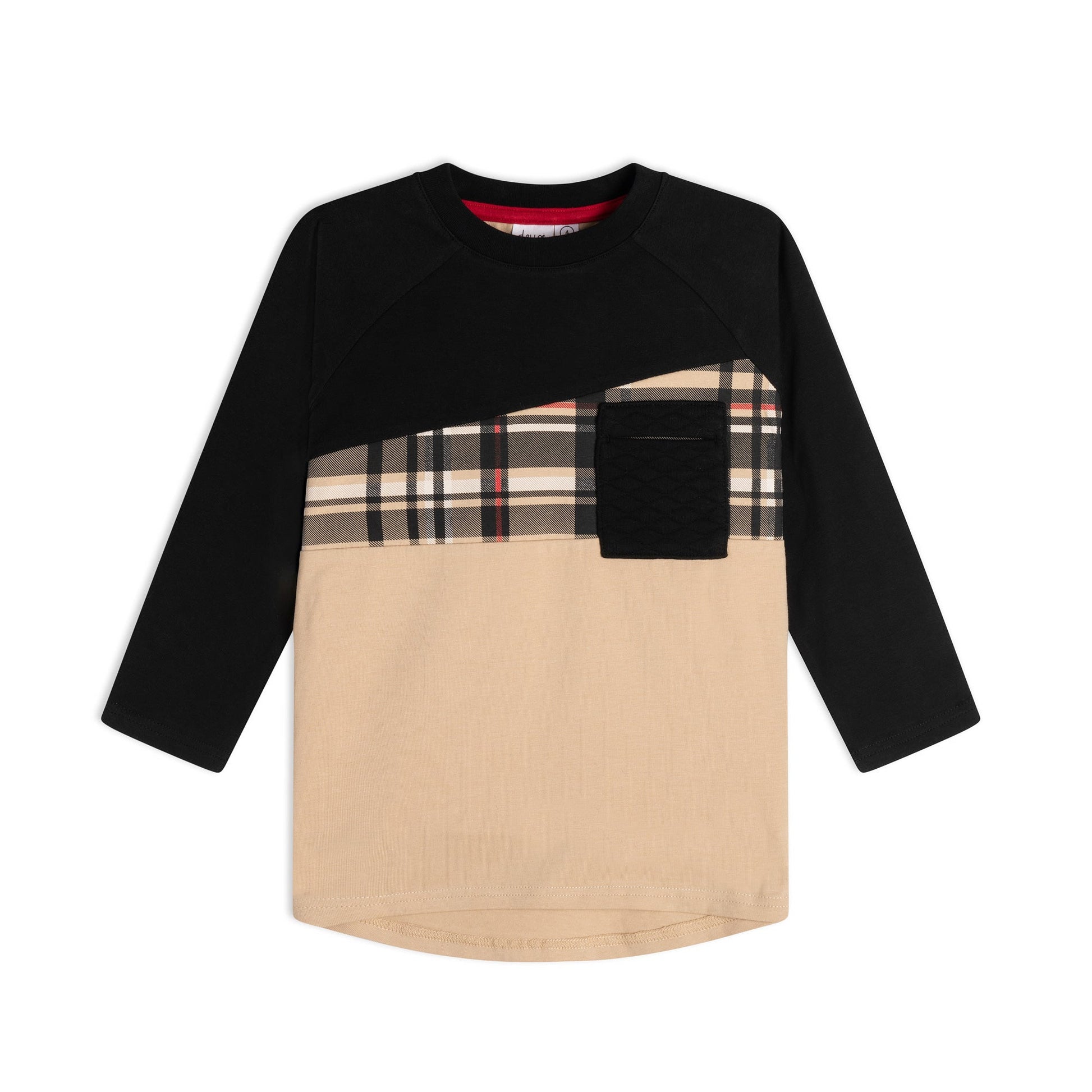 Spliced with a plaid chest insert, our Jersey Plaid Top With Pocket is the perfect alternative to a graphic tee.  This cotton jersey top features a color block design with long sleeves, a solid yoke and sleeves, a crew neckline, and a contrast bottom. It's detailed with a curved hem and a solid patch pocket on the chest.