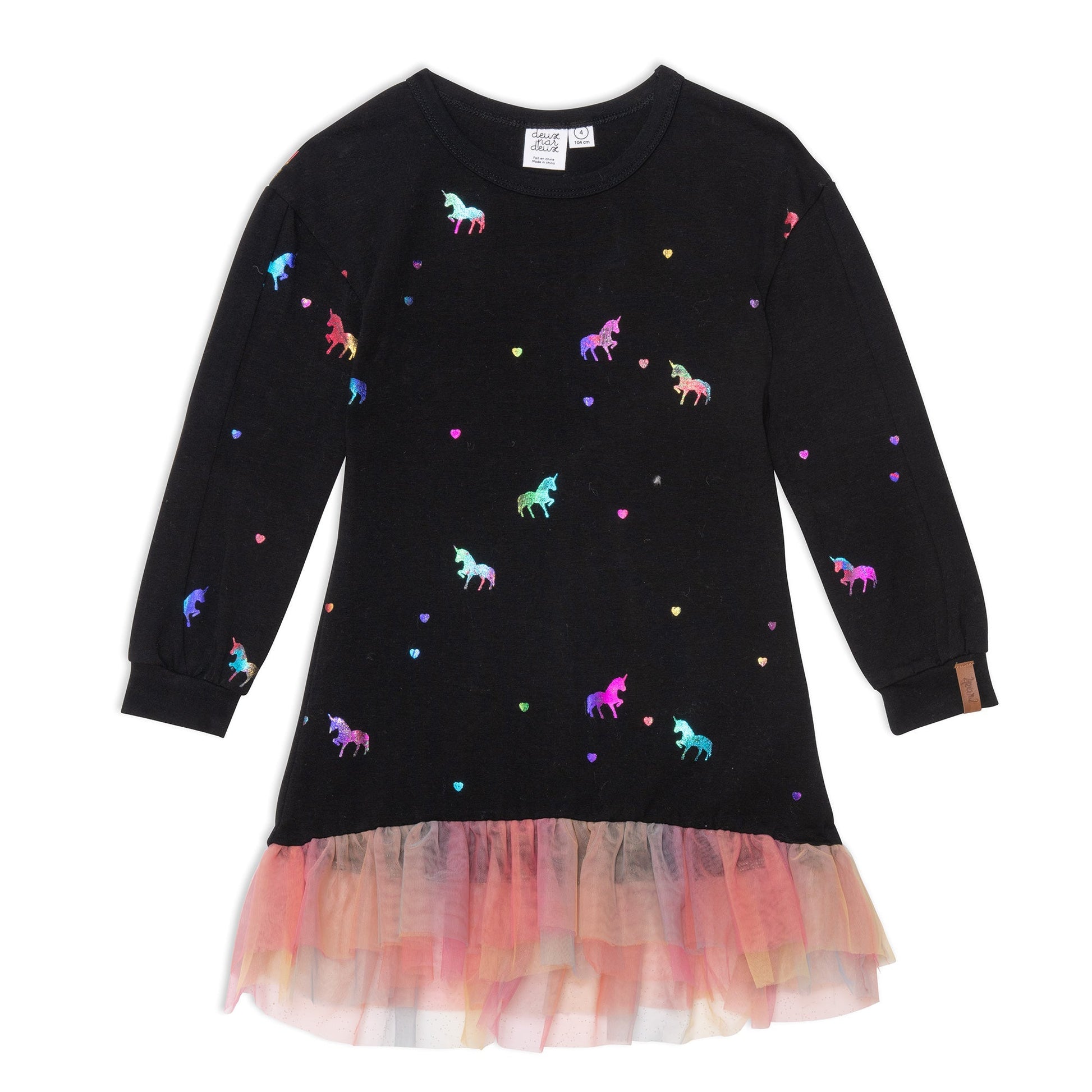 Casual with an ultra-girly twist, our Long Sleeve Dress With Mesh Frill is perfect for any party or family outing.  This dress is made from soft stretch cotton and features long sleeves, a round neckline, and an allover rainbow foil unicorn print. A rainbow mesh frill at the hem makes it an instant favorite!