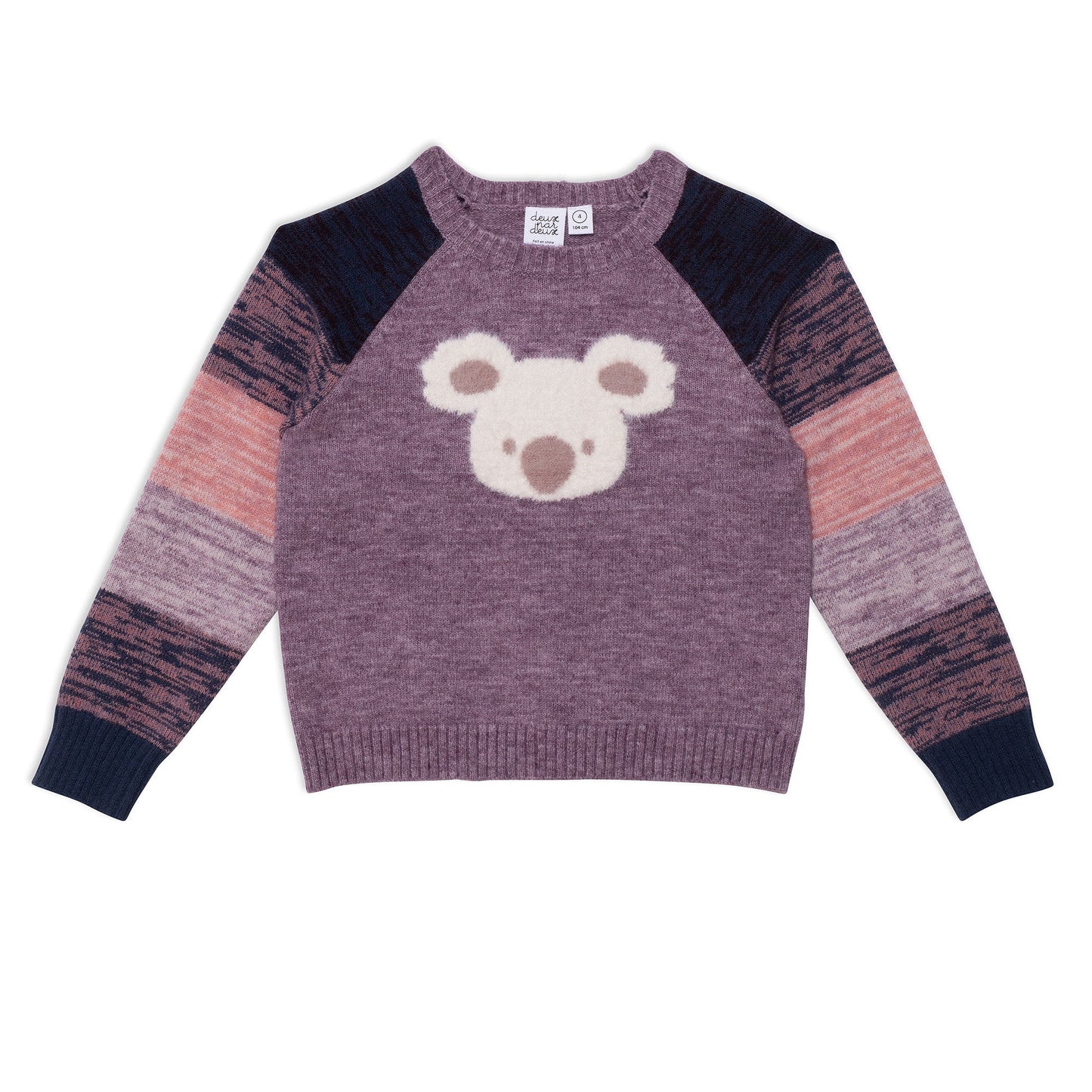 The Long Sleeve Knitted Koala Sweater features long raglan sleeves with space dyed stripes, a crew neckline, and a solid body with an adorable koala face on the front.  A koala bear face on the chest makes this pullover sweater simply perfect for a chilly day! 