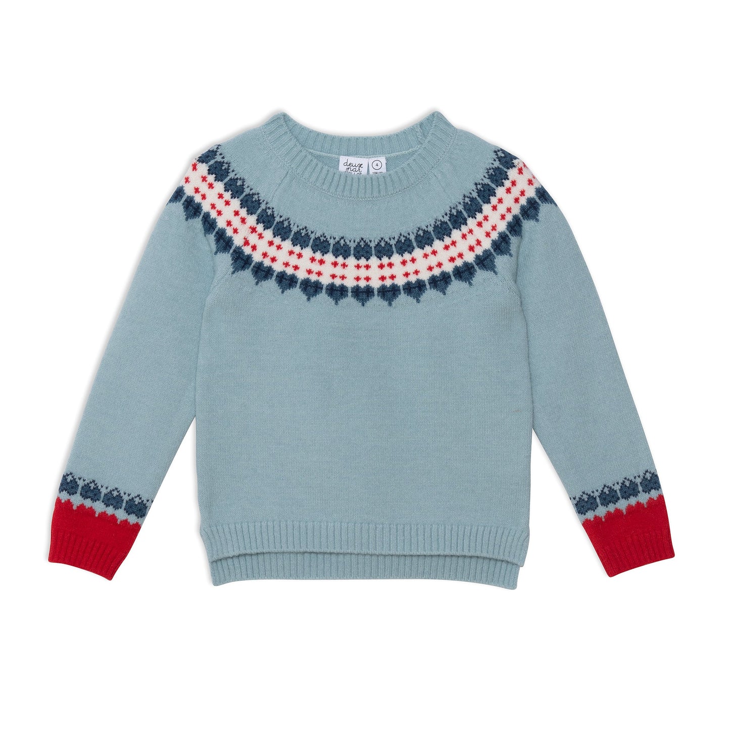 A Fair Isle pattern adds ski-inspired style to our Long Sleeve Knitted Sweater Light Blue and Red.  This pullover sweater is made from an acrylic/nylon/poly blend and features long raglan sleeves, a round neckline, and a Nordic pattern across the chest and sleeves. A rib knit hem and contrast cuffs complete the look!