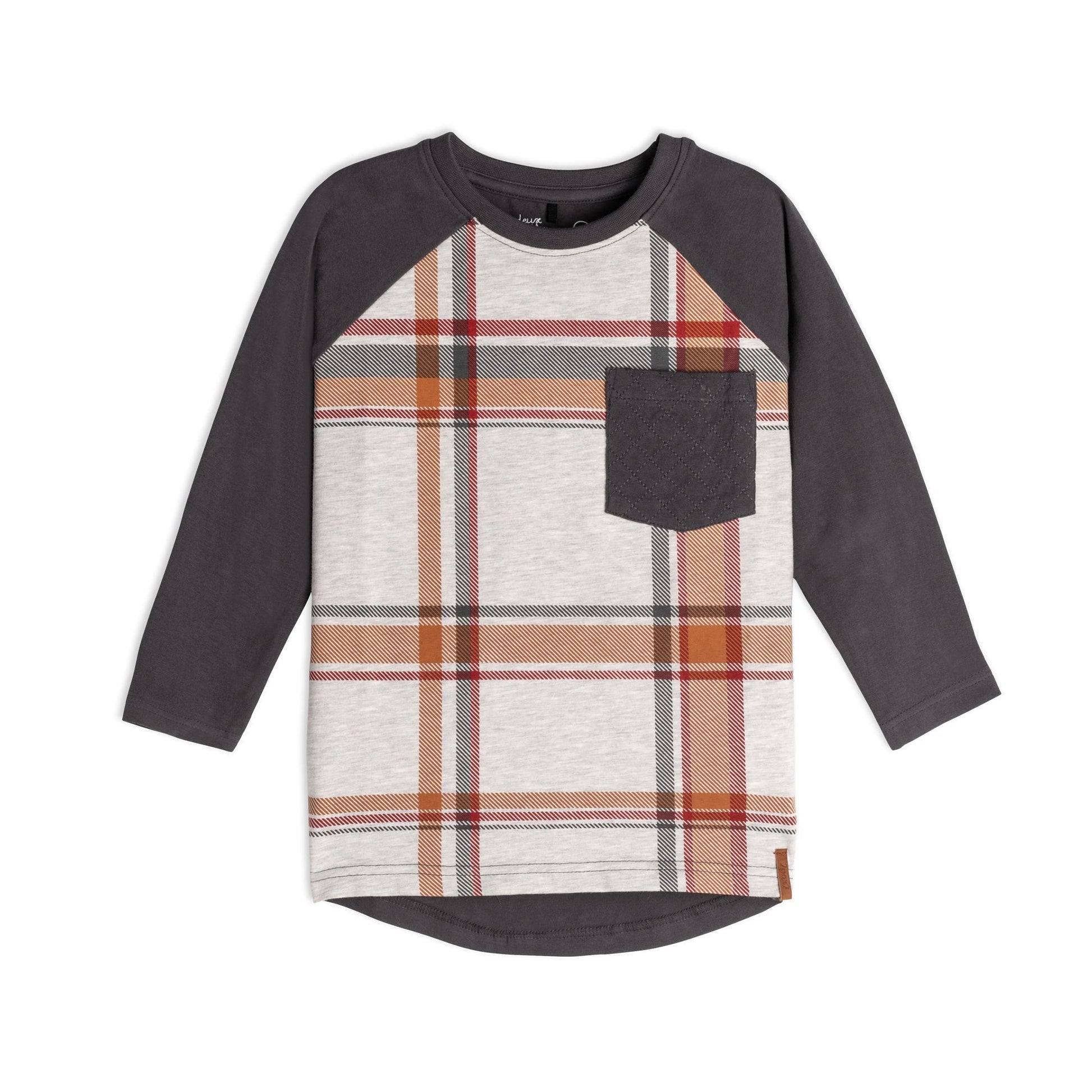 Add instant style to any boy's wardrobe with our Long Sleeve Raglan Jersey Top With Pocket Plaid. Made from soft cotton/elastane.  This jersey tee features contrast raglan sleeves, an allover plaid print, and a solid patch pocket on the chest.