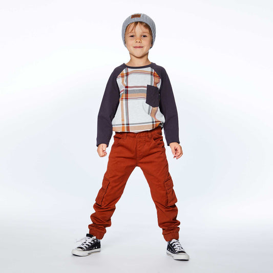 Add instant style to any boy's wardrobe with our Long Sleeve Raglan Jersey Top With Pocket Plaid. Made from soft cotton/elastane.  This jersey tee features contrast raglan sleeves, an allover plaid print, and a solid patch pocket on the chest.