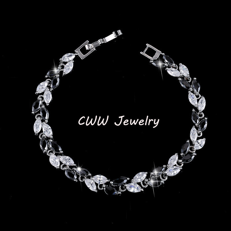 Marquise Gemstone Leaf Charm Bracelet. Beautiful Link Chain. Hearts and Arrows.  AAA Cubic Zirconia.17 cm + 3 cm extended clasp. CWW Designs