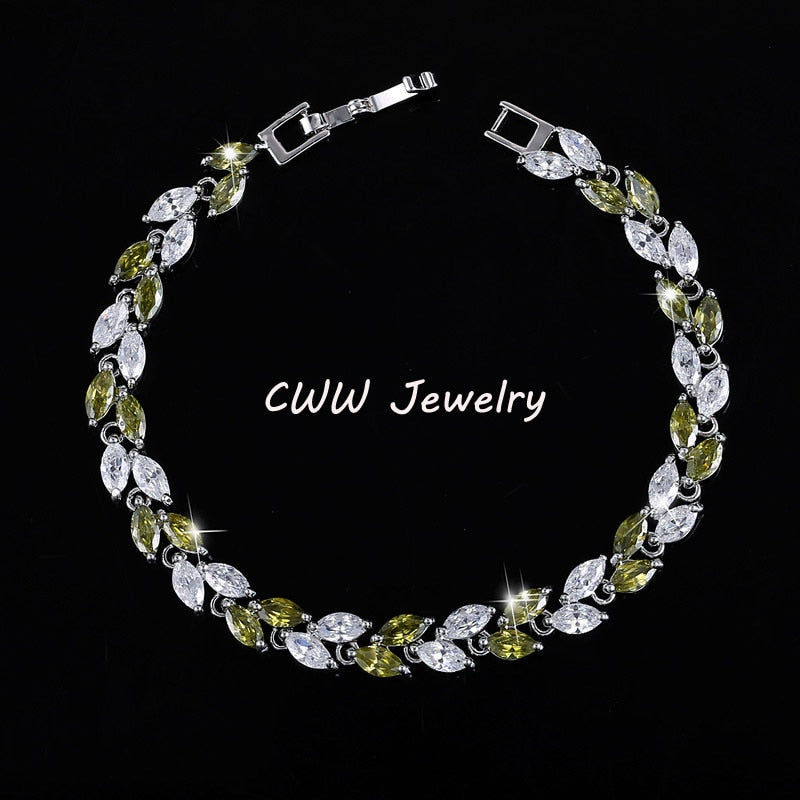 Marquise Gemstone Leaf Charm Bracelet. Beautiful Link Chain. Hearts and Arrows.  AAA Cubic Zirconia.17 cm + 3 cm extended clasp. CWW Designs