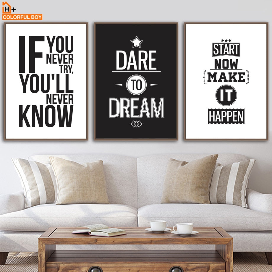 Share a message of inspiration with any one or more of our Motivational Canvas Prints.  The bold black and white graphics compliment your contemporary design aesthetic.  