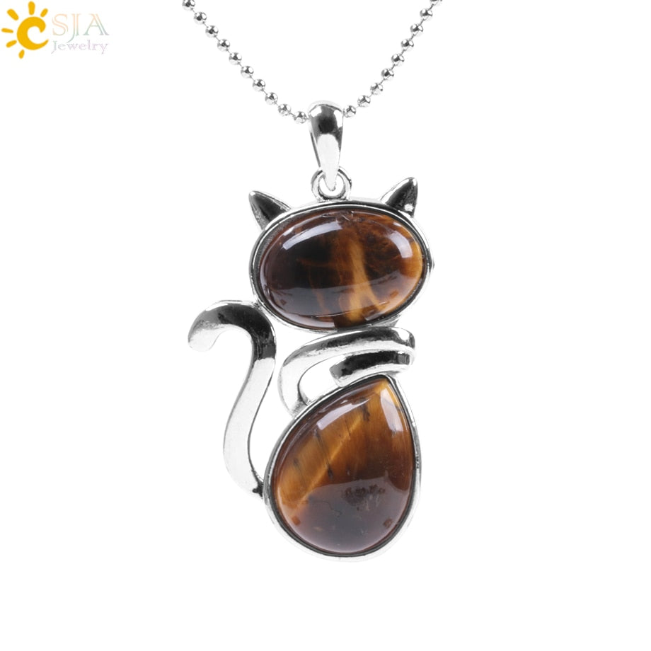 Natural Stone Cat Pendant Necklace. Cute Cat Shape pendant necklace for the cat lovers in your life. Choose from a variety of natural or synthetic stones.