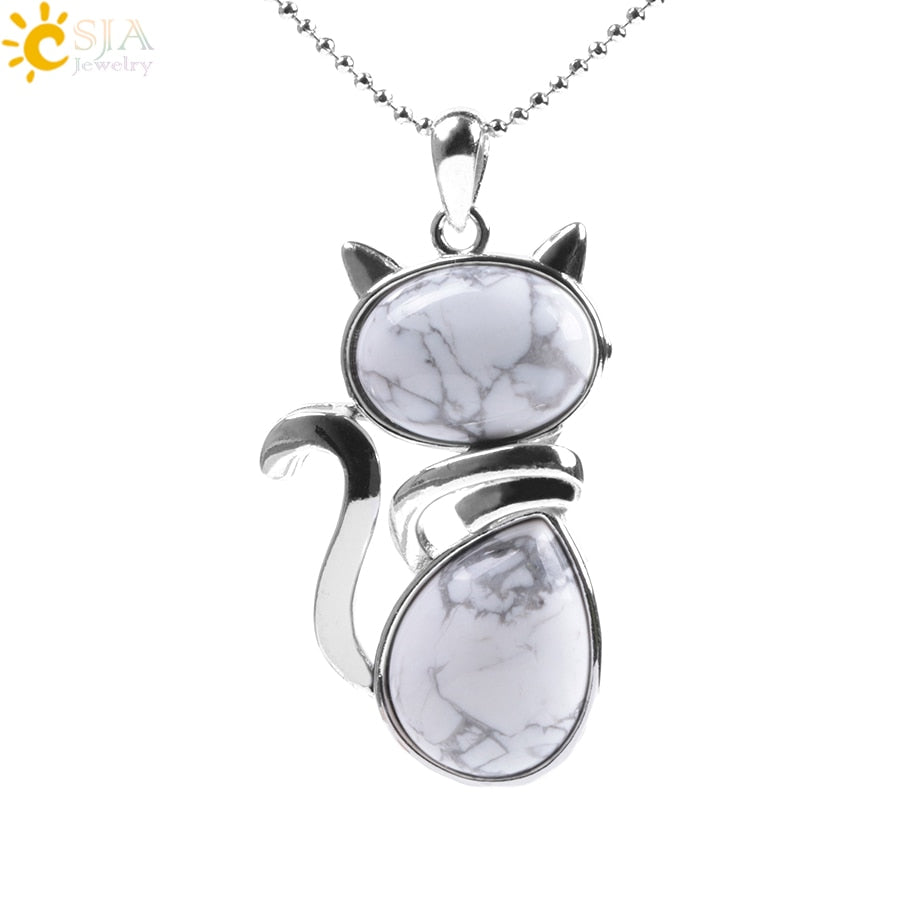 Natural Stone Cat Pendant Necklace. Cute Cat Shape pendant necklace for the cat lovers in your life. Choose from a variety of natural or synthetic stones.