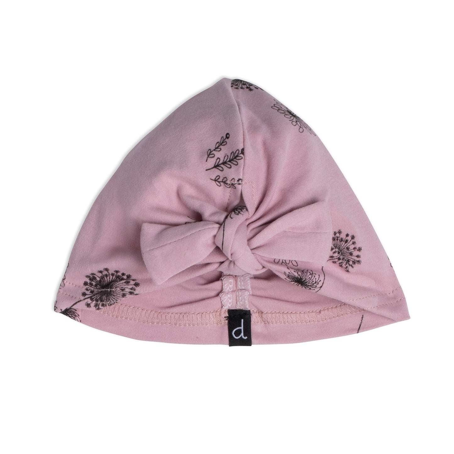 The Organic Cotton Hat and Bib Set Printed Flowers Dusty Purple features a soft hat with a bow on the front and a triangular bib with ruffle trim.