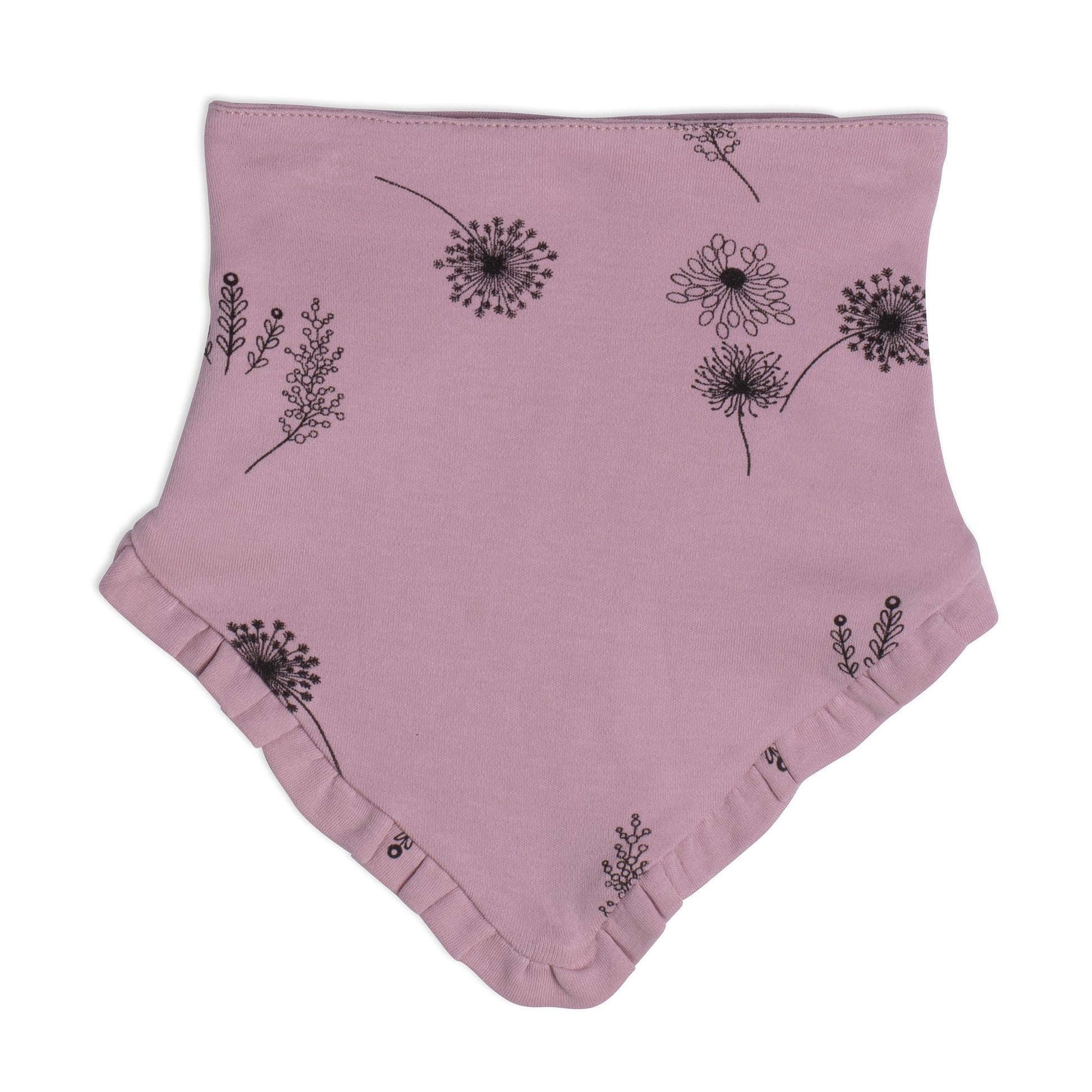 The Organic Cotton Hat and Bib Set Printed Flowers Dusty Purple features a soft hat with a bow on the front and a triangular bib with ruffle trim.