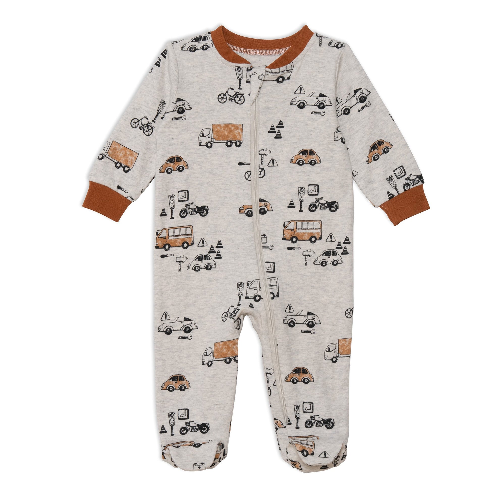 Little ones can lounge, play, and sleep in style in our Organic Cotton One Piece Printed Pajamas With Printed Automobiles.  This ultra-soft one-piece footie pajama features long sleeves, a round neckline, an asymmetrical zipper closure, and an allover print of cars, buses, and bikes.