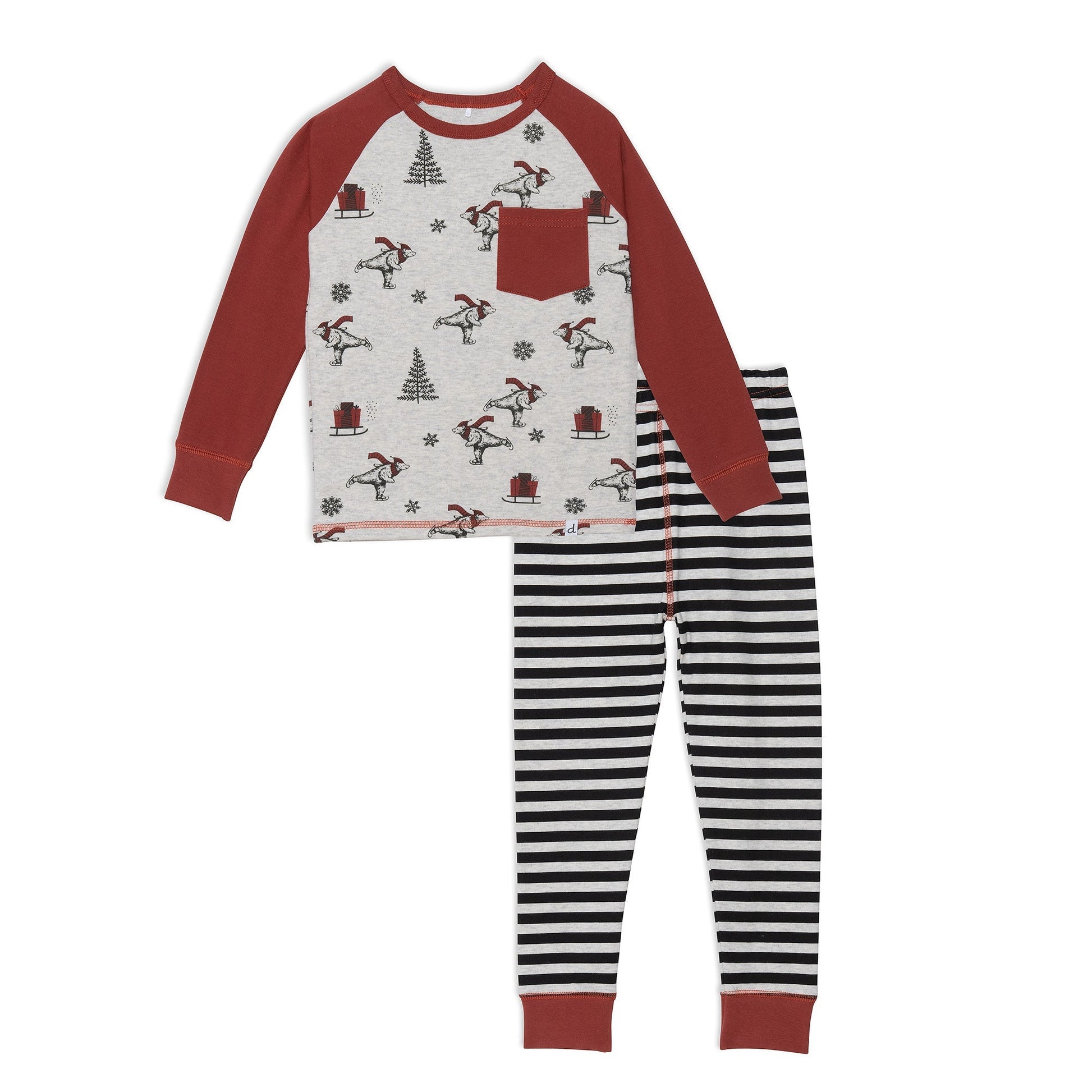 Ice skating bears add whimsical style to the Organic Cotton Two Piece Pajama Set With Bear Print.  This comfortable sleepwear set features an allover print top with long raglan sleeves, a ringer crew neckline, and a solid patch pocket. We've teamed it with a contrasting striped pant in an easy pull-on fit with solid cuffs and an elastic waist.