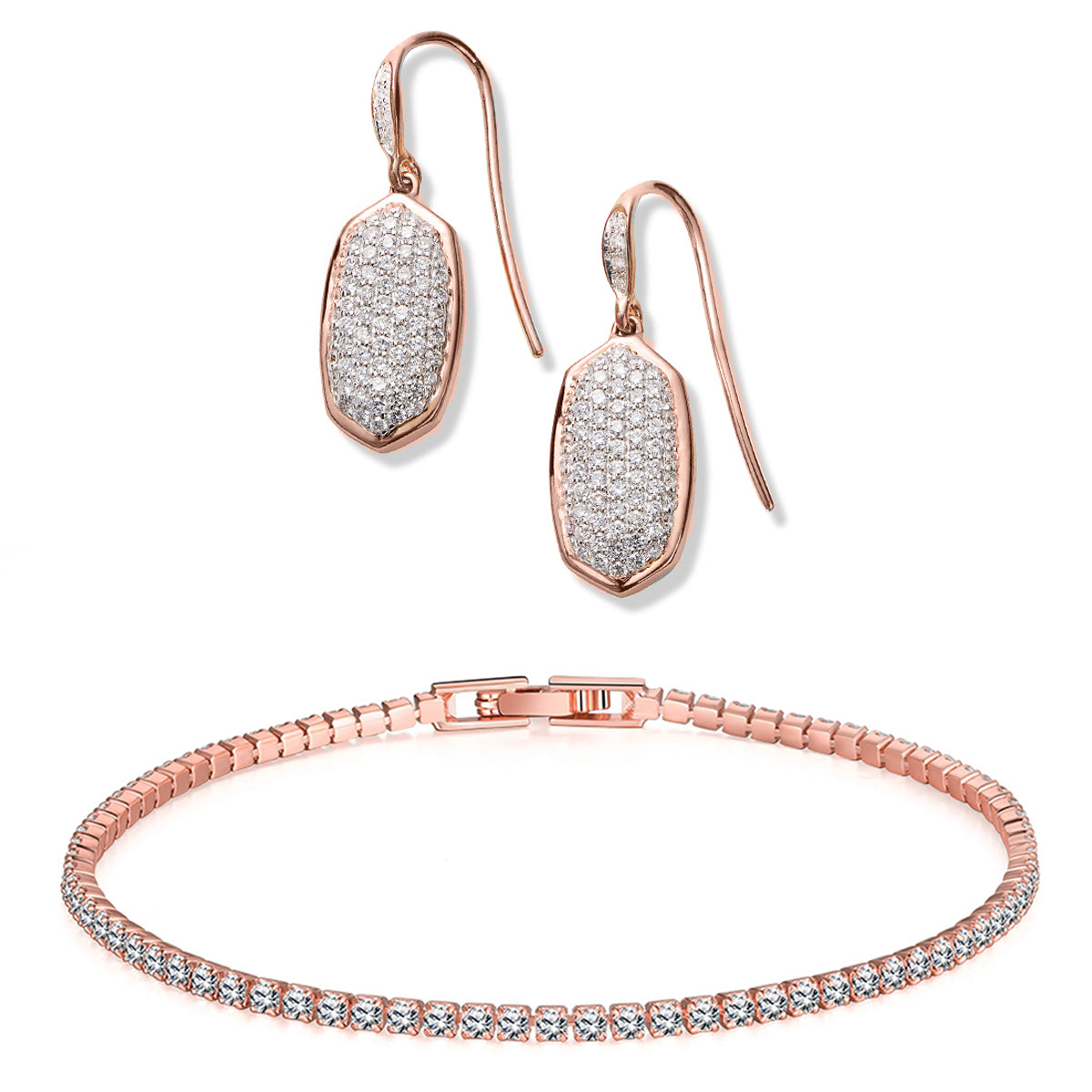 Pave Crystal Drop Earrings Tennis Bracelet Set 18k Rose Gold Filled. Made to Last a Lifetime. Designed in ITALY. Certified Gemstones.  Guaranteed to Retain Color and Shine.