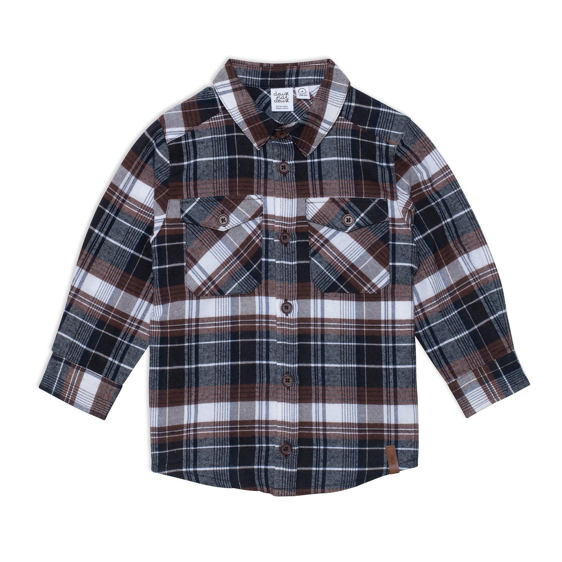 Our Plaid Shirt Brown and Black adds style and versatility to any boys wardrobe.  Worn buttoned up or open over a tee, this shirt features long sleeves, a button front placket, and two flap pockets on the chest.