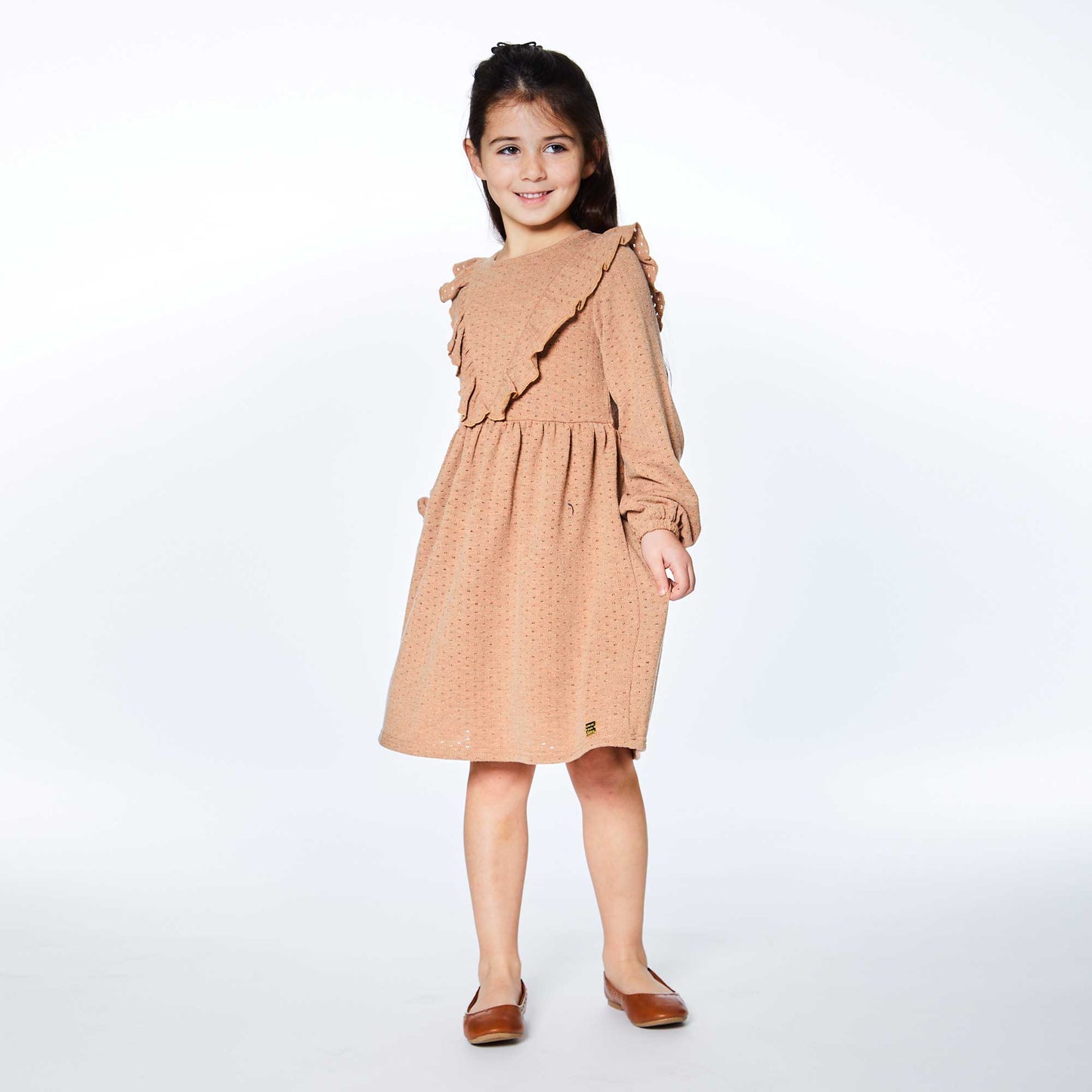 Pointelle Long Sleeve Dress With Frill