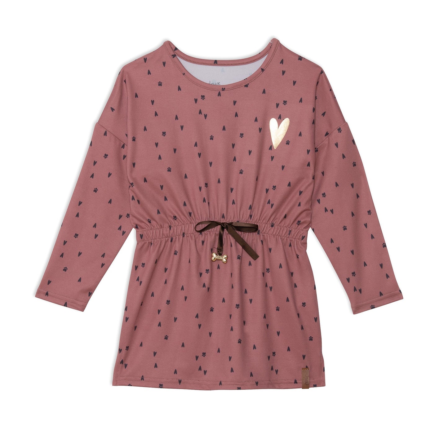 An allover heart print with puppy paws makes our Printed Paws and Hearts Long Sleeve Tunic a fun addition to any little girl's wardrobe.  This adorable top is made from soft stretch poly fabric and features long sleeves with dropped shoulders, a round neckline, and an elastic waistband with a ribbon bow and a dog bone embellishment.